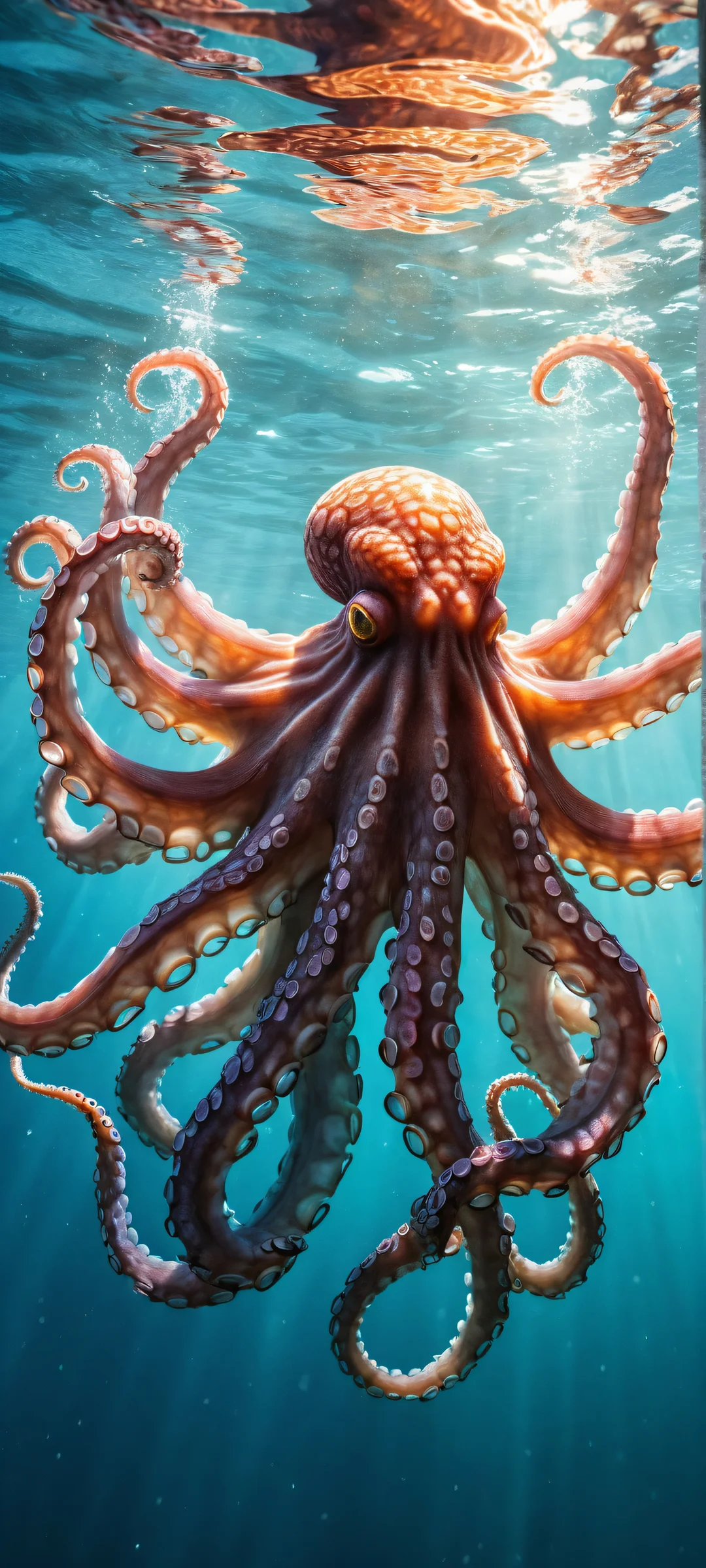 A majestic octopus in a breathtaking underwater scene, iPhone と Android のホーム画面に完全に最適化.