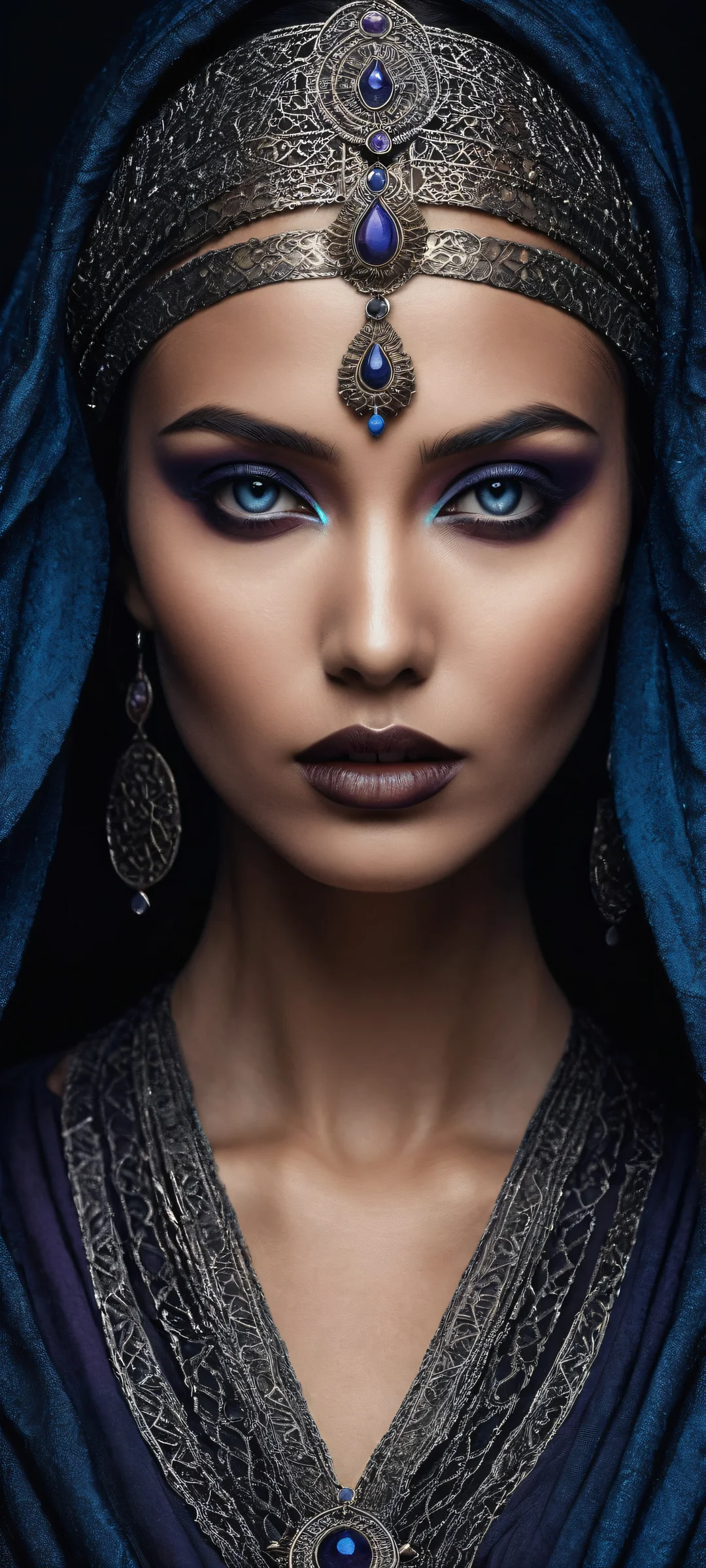 A mystical woman with intricate ancient runes and symbols etched into her skin, perfectly optimized for iPhone/Android home screens.