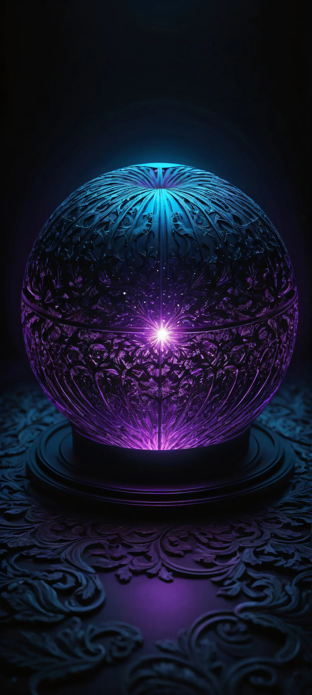 A mystical orb placed in the lower-middle of a vast, dark void with rich blues and purples evoking mystery and wonder. iPhone用に完全に最適化, サムスンギャラクシー, と Android のホーム画面.