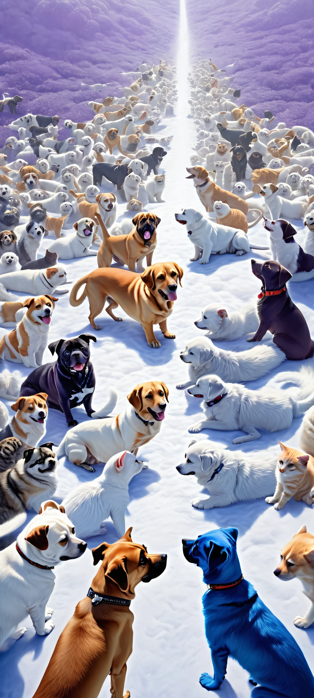 A pack of dogs and cats frolic on a rooftop edge, surrounded by a vast, fog-filled distance, iPhone/Androidのホーム画面に完全に最適化.