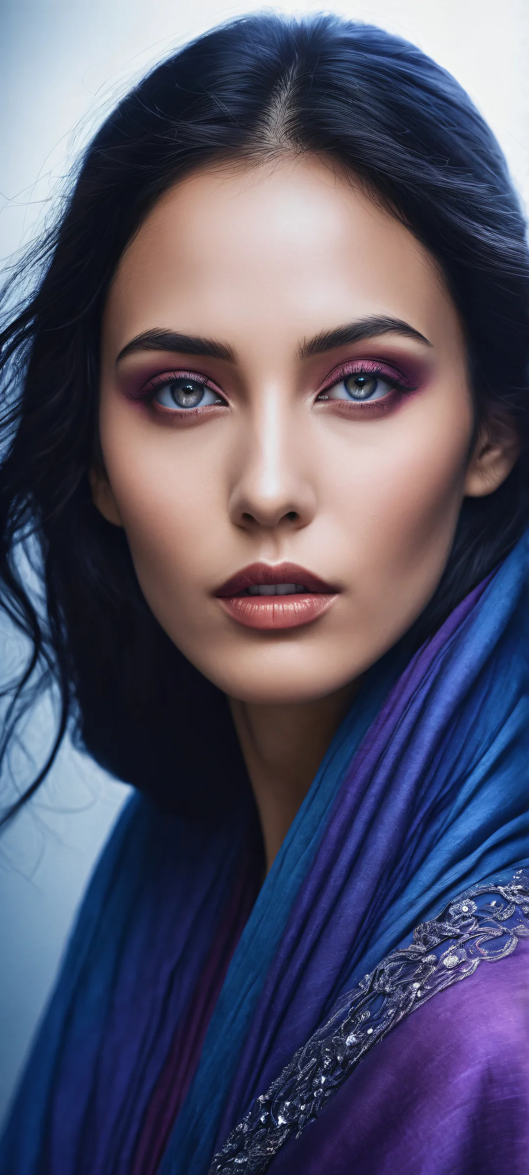 Ethereal woman's portrait on a dark background for iPhone and Android devices