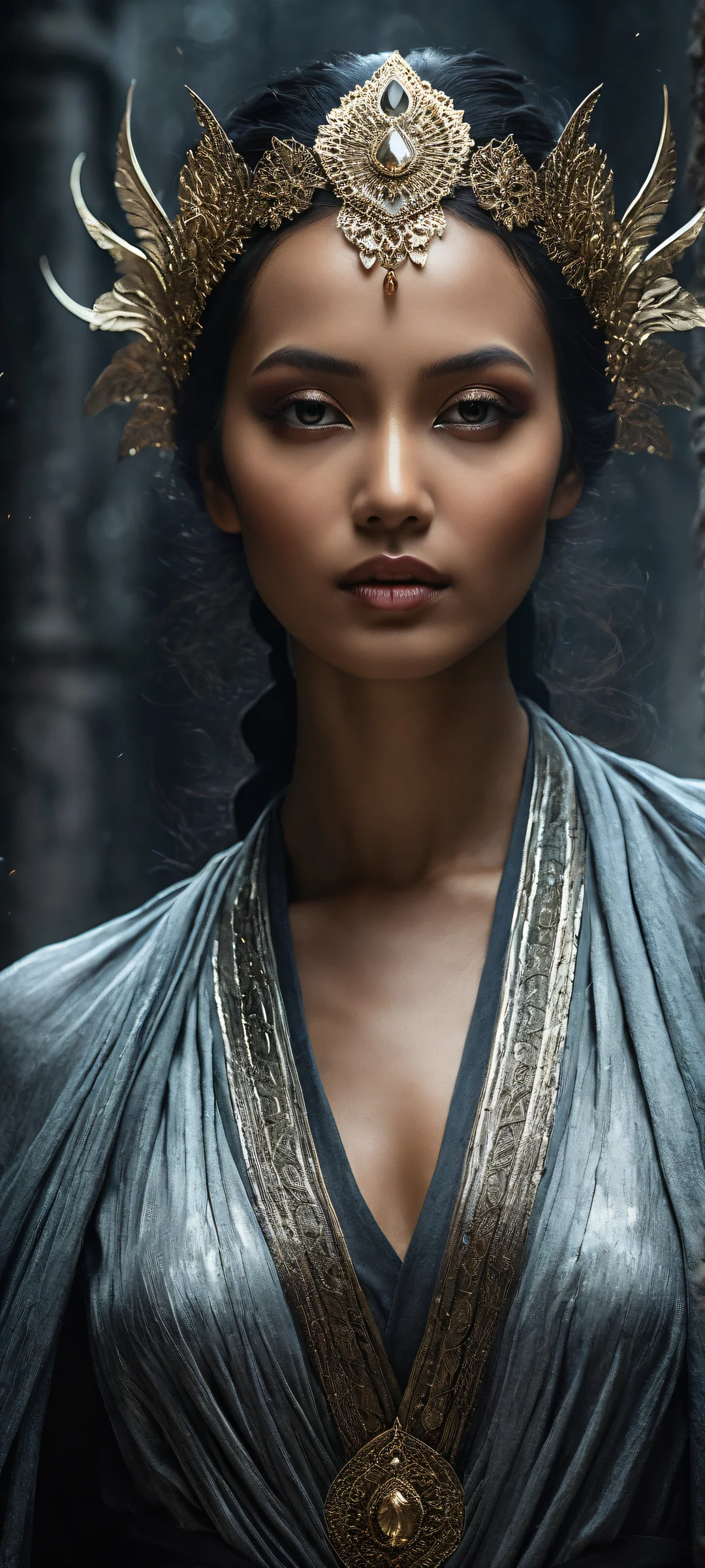 A mystical woman sits in the lower-middle, surrounded by intricate details and void, set against a dark grunge-inspired background with worn stone textures. Perfect for iPhone/Android home screens.