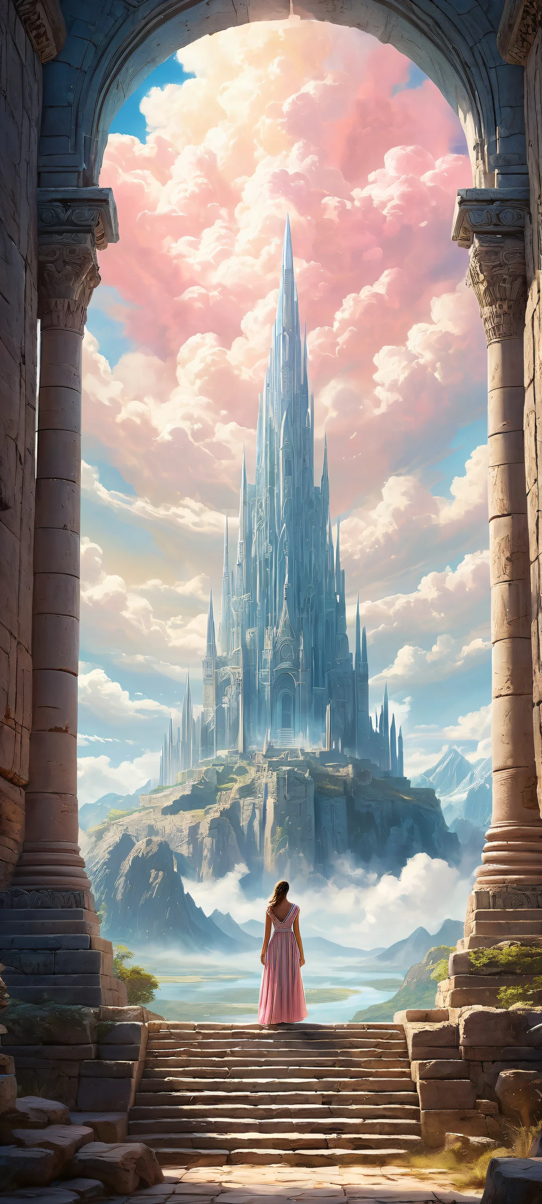 iPhone/Android wallpaper featuring mystical creatures in ancient ruins with ethereal lighting and brilliant colors.