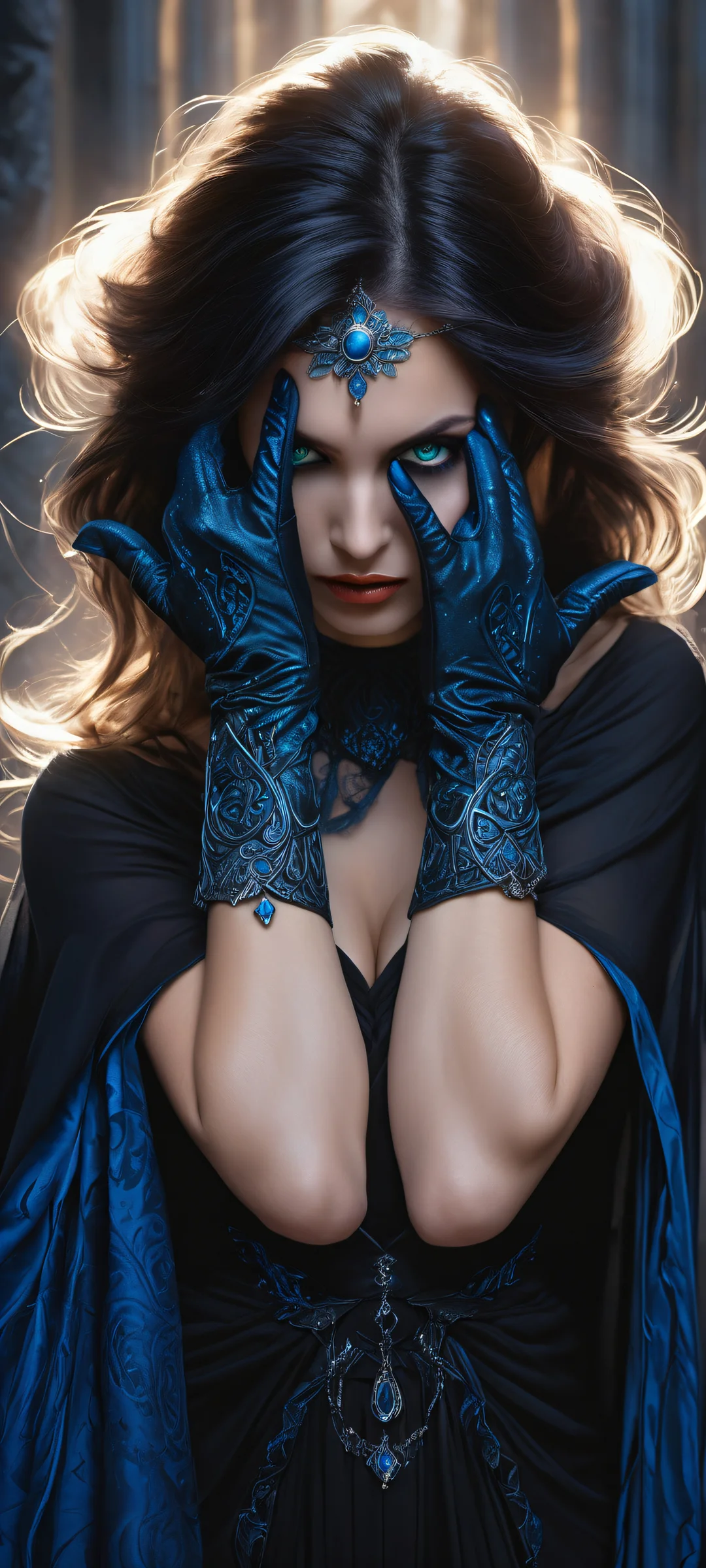 A mystical sorceress wielding enchanted gloves on an iPhone or Android device. Perfect for dark mode enthusiasts.