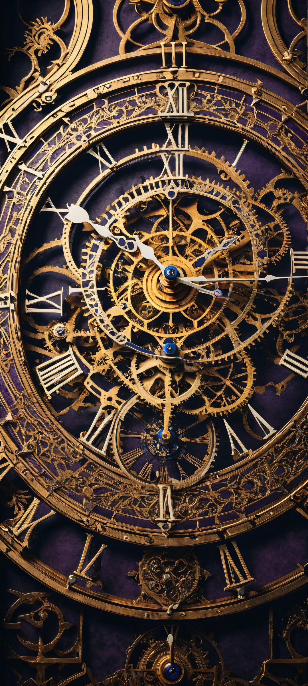 A beautifully crafted mechanical clock stands out against a whimsical fantasy realm, iPhone と Android のホーム画面に完全に最適化.