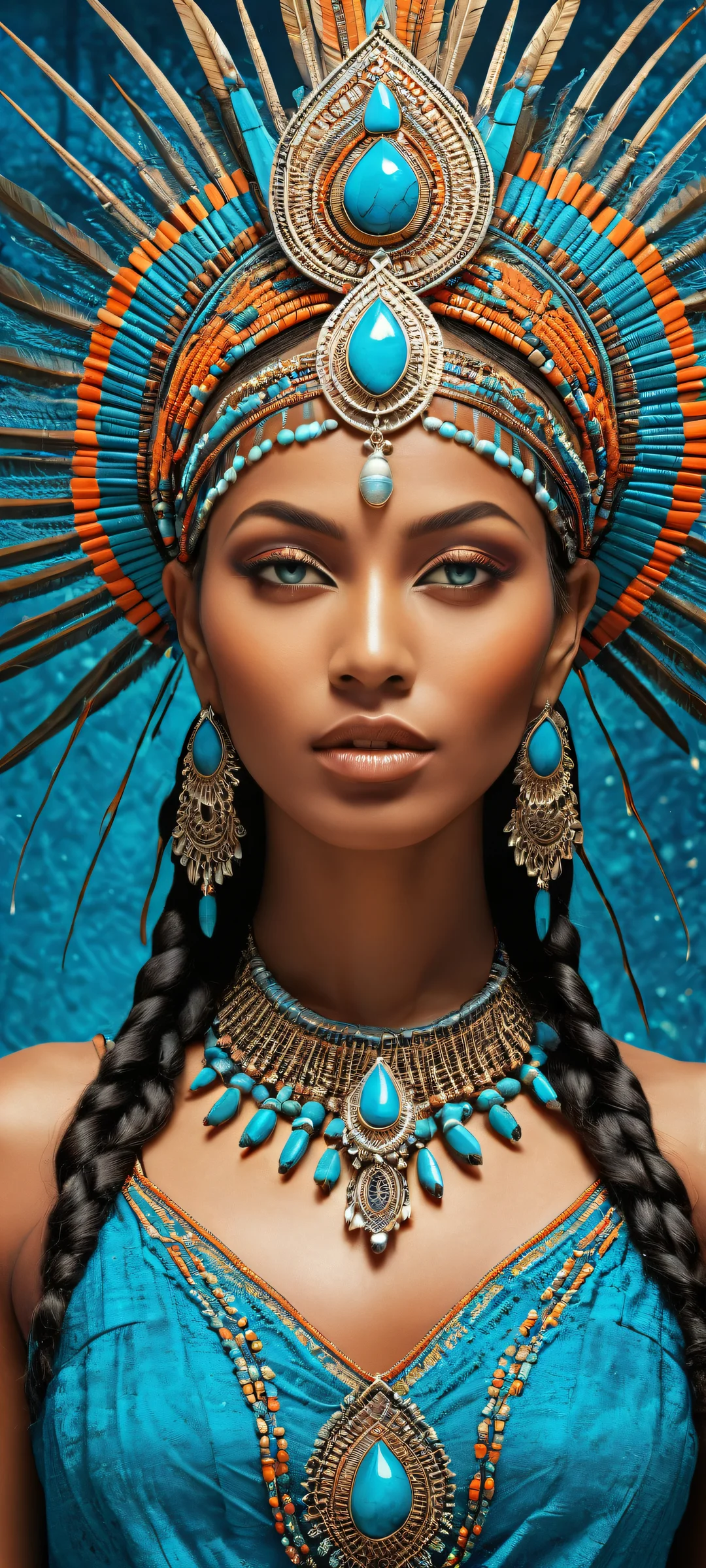 A majestic tribal goddess with glowing blue patterns and ornate headdress, perfectly suited for iPhone/Android home screens.