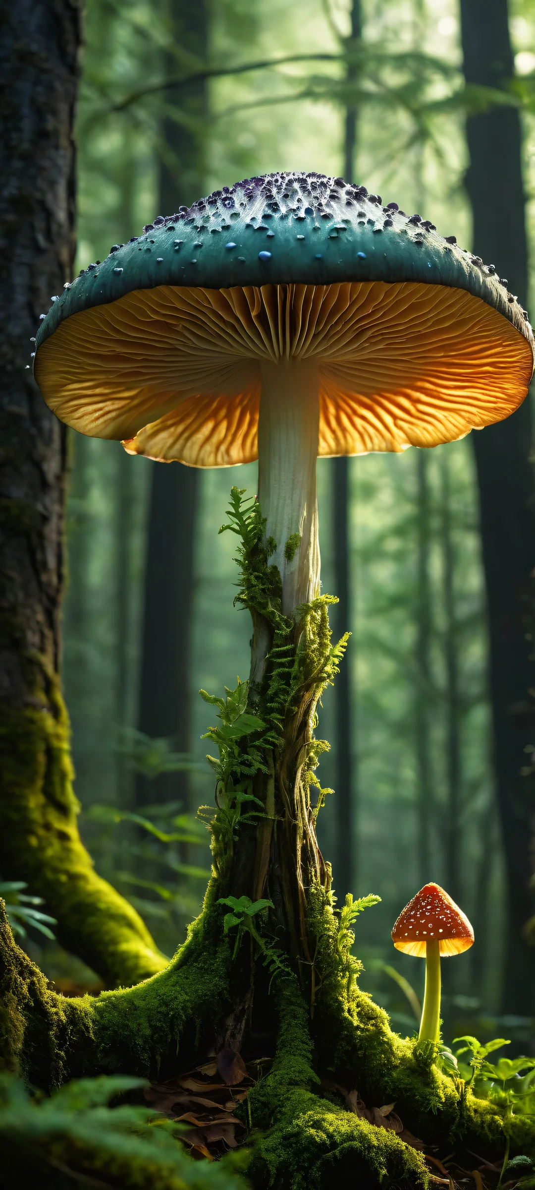 A magical mushroom spirit offering a golden-dusted tulip to the viewer on an iPhone or Android device.