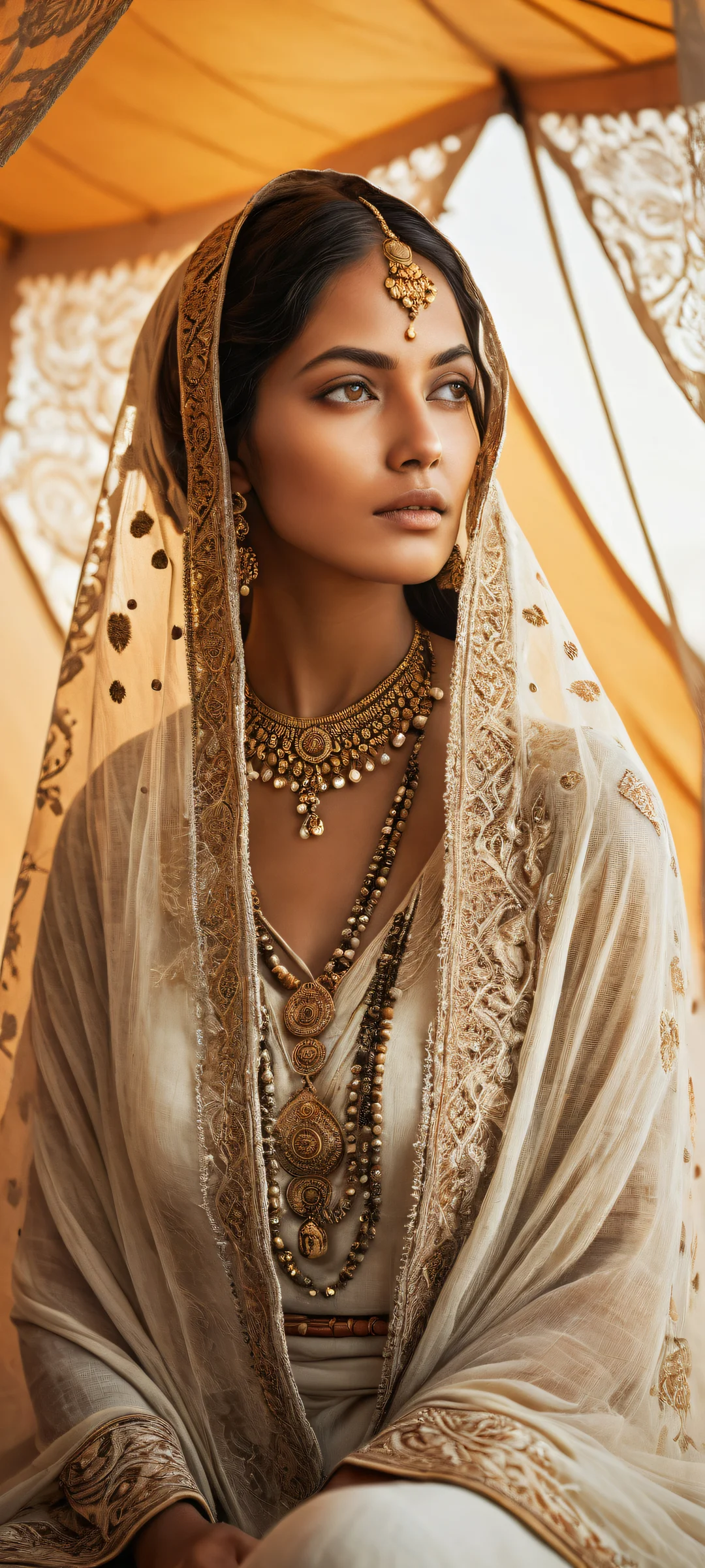 iPhone/Android users can immerse themselves in this breathtaking portrait artwork of a mystical woman, set against a backdrop of intricate textiles and radiant colors.