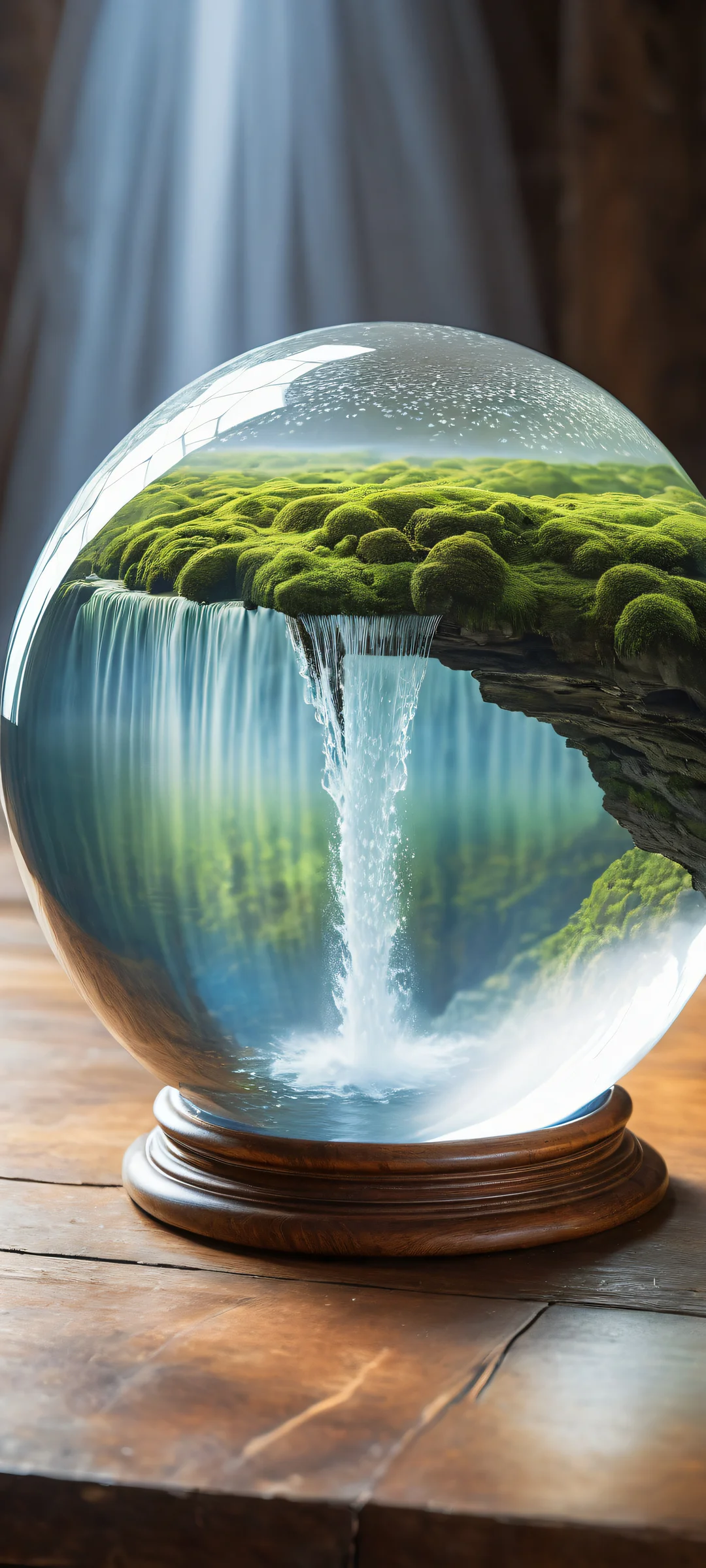 iPhone/Android wallpaper featuring a serene waterfall pouring into a crystal ball on an old wooden table.