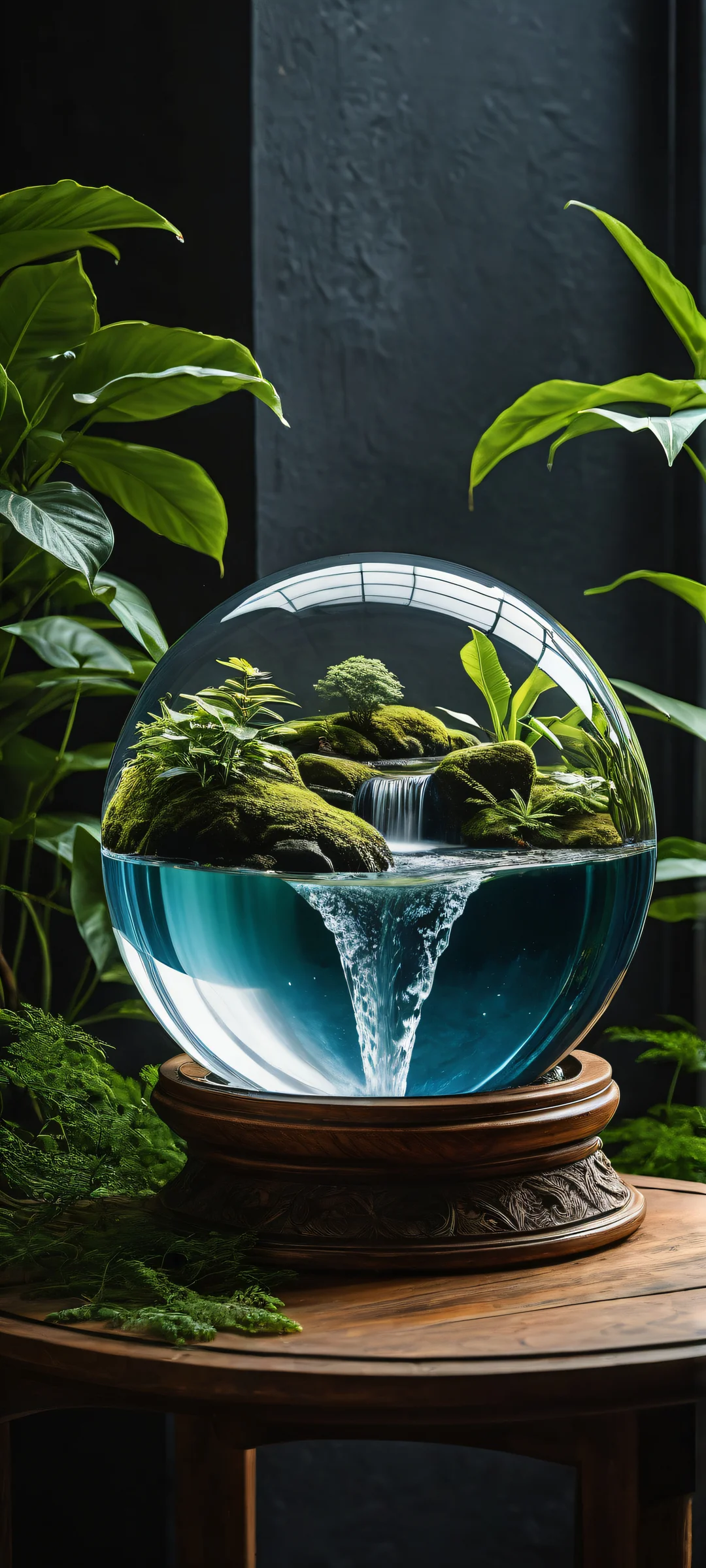 A serene iPhone and Android wallpaper of a mystical waterfall oasis with intricate details, perfectly optimized for home screens.