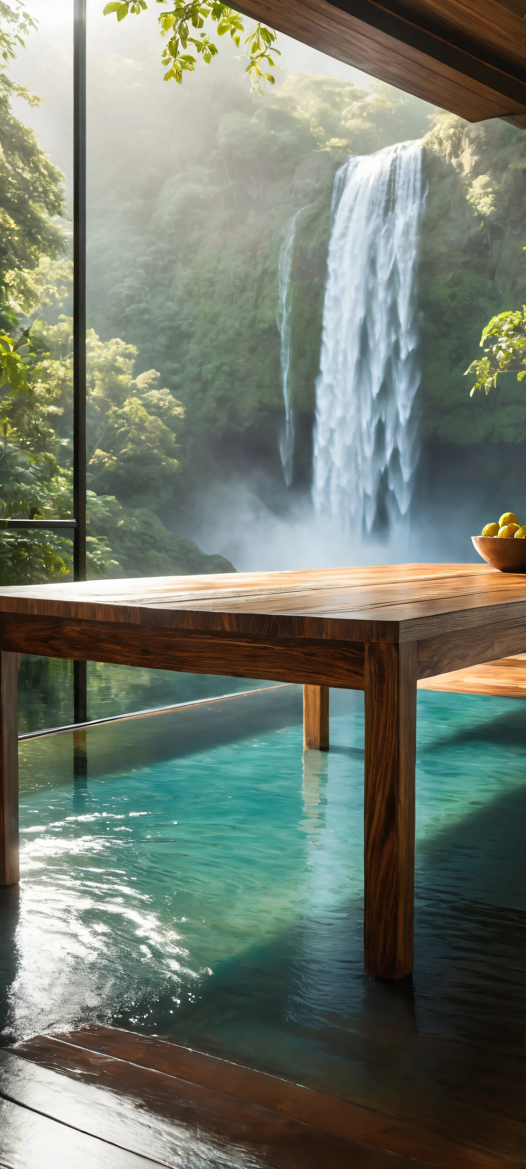 A breathtaking waterfall scene on iPhone/Android, surrounded by misty ambiance and wooden table details.