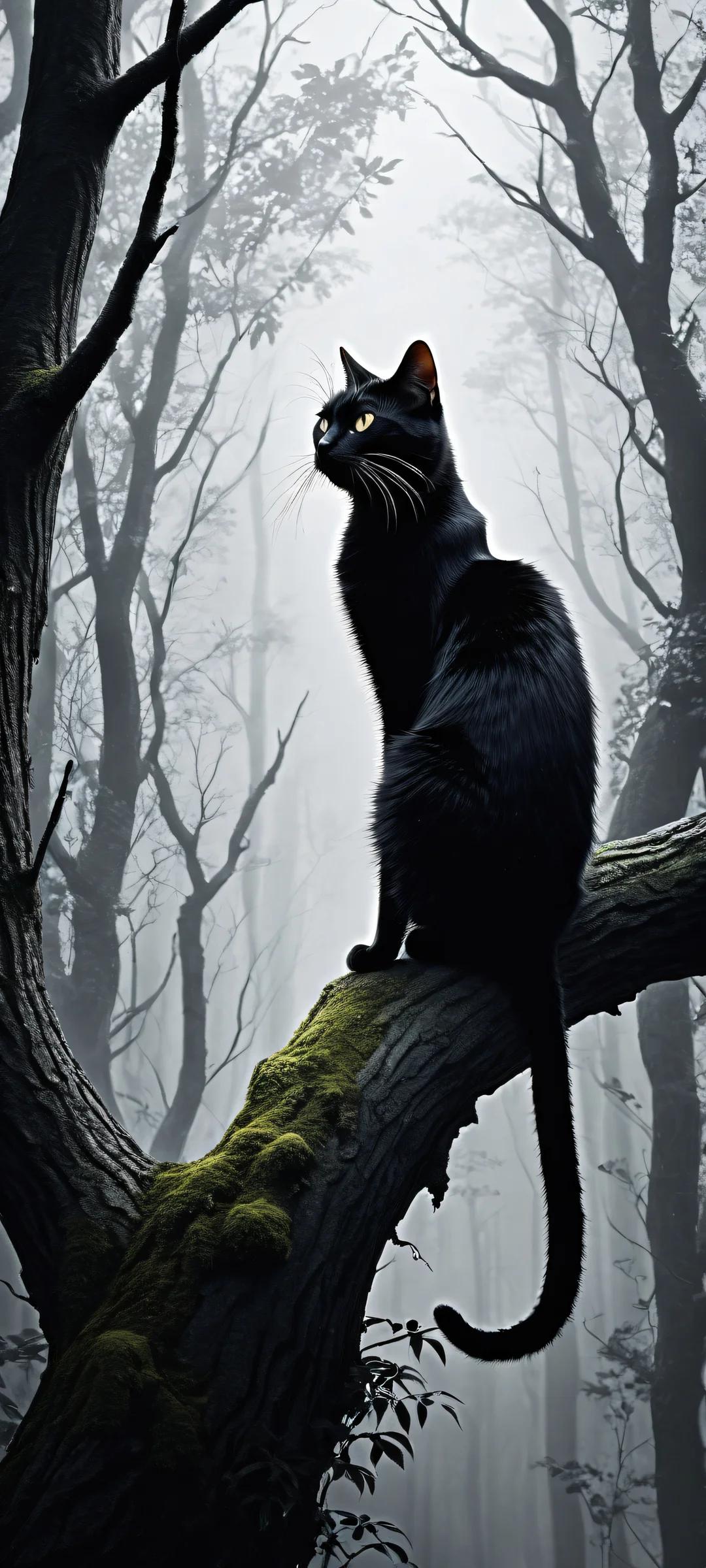 Surreal landscape of a feral cat amidst misty forest with iPhone and Android devices in mind.