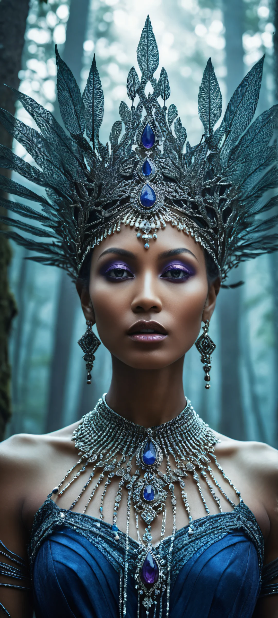 A mystical woman surrounded by a dark forest on an iPhone or Android device. Micro-details on her jewelry and attire.