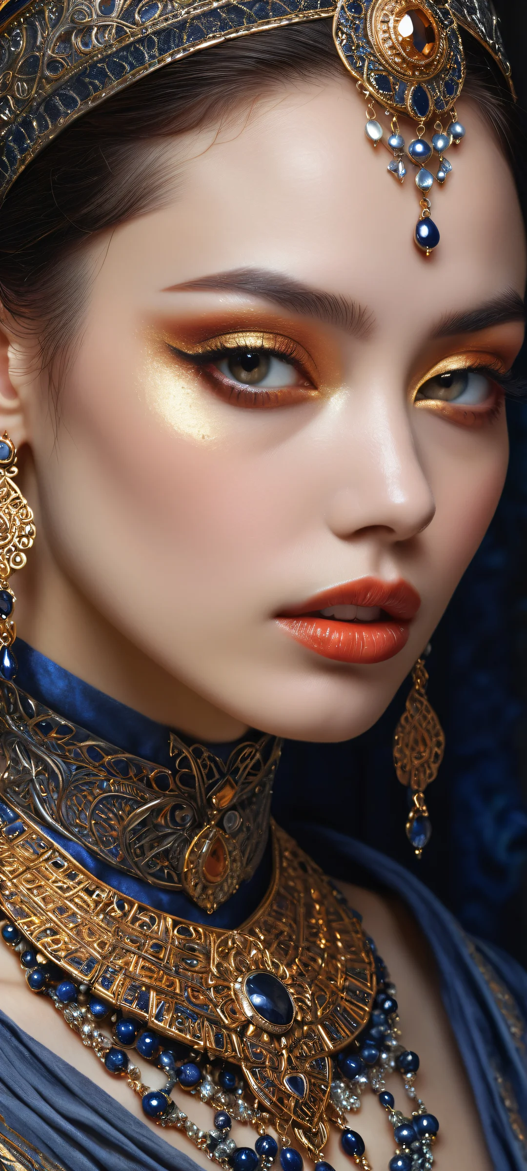 Mysterious woman with ornate jewelry and attire against a dark void, perfect for iPhone/Android screens.