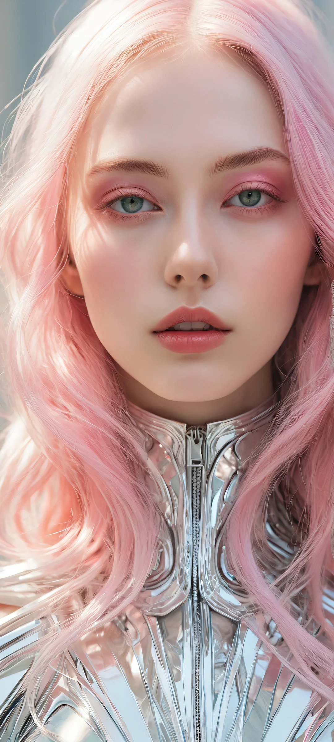 A lone figure with intricate futuristic face and pink hair stands out against a vast empty background, iPhone/Androidのホーム画面に完全に最適化.