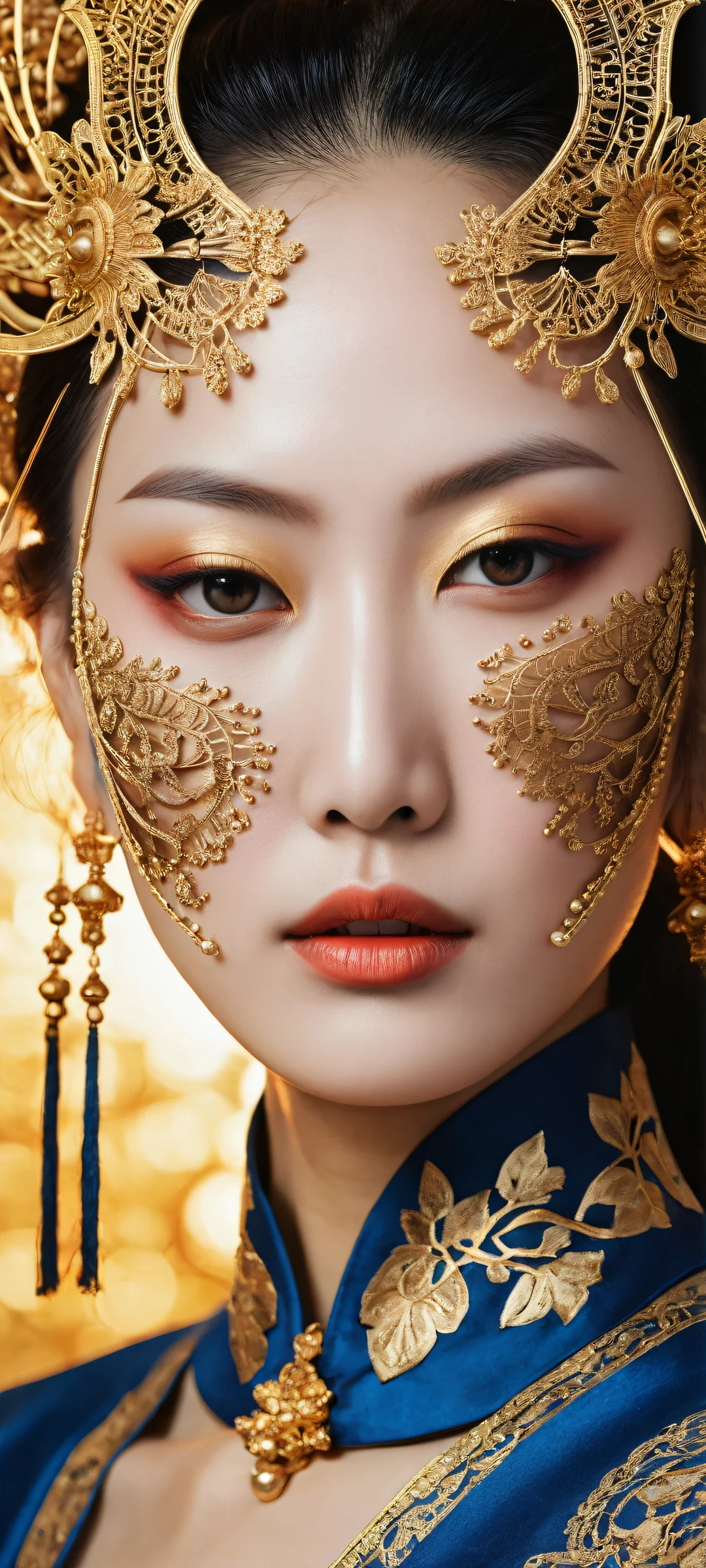 iPhone/Android stunning vertical portrait artwork of an Asian woman with intricate details and ethereal lighting, featuring a blend of dark blues, rich golds, creamy whites, and deep blacks.