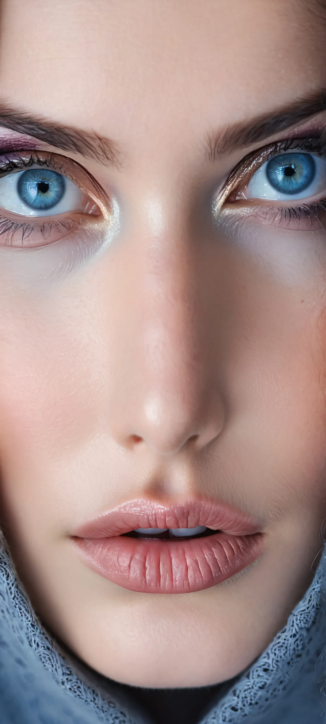 Lone female figure with intense blue eyes gazing directly at the viewer, set against a dark mysterious landscape. Perfect for iPhone and Android home screens.