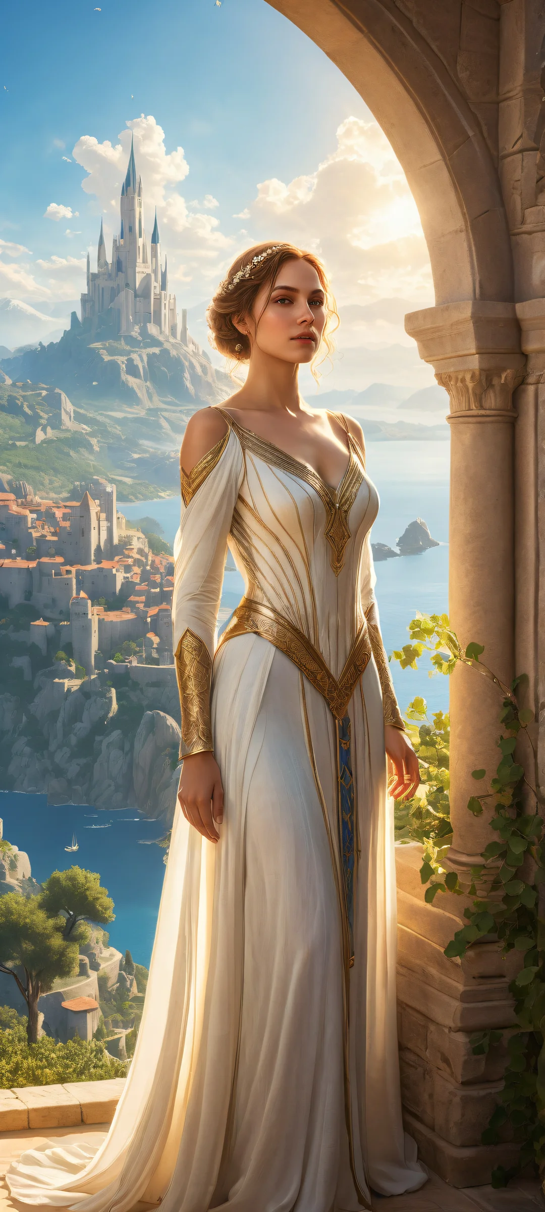 iPhone/Android wallpaper featuring breathtaking video game heroines in a medieval landscape with 8K resolution and stunning visual impact.