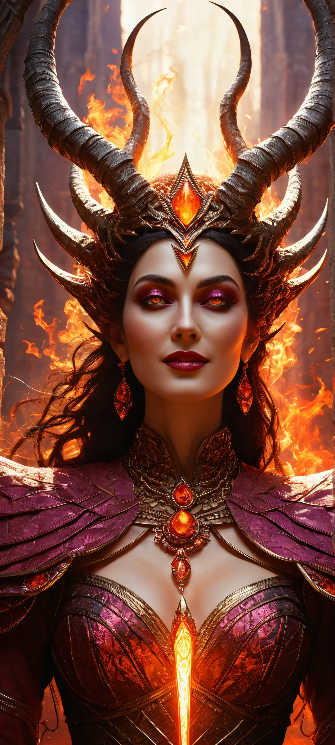 Ethereal portrait of a horned queen on iPhone/Android, with intricate details and glowing eyes. Perfekt für Homescreens.