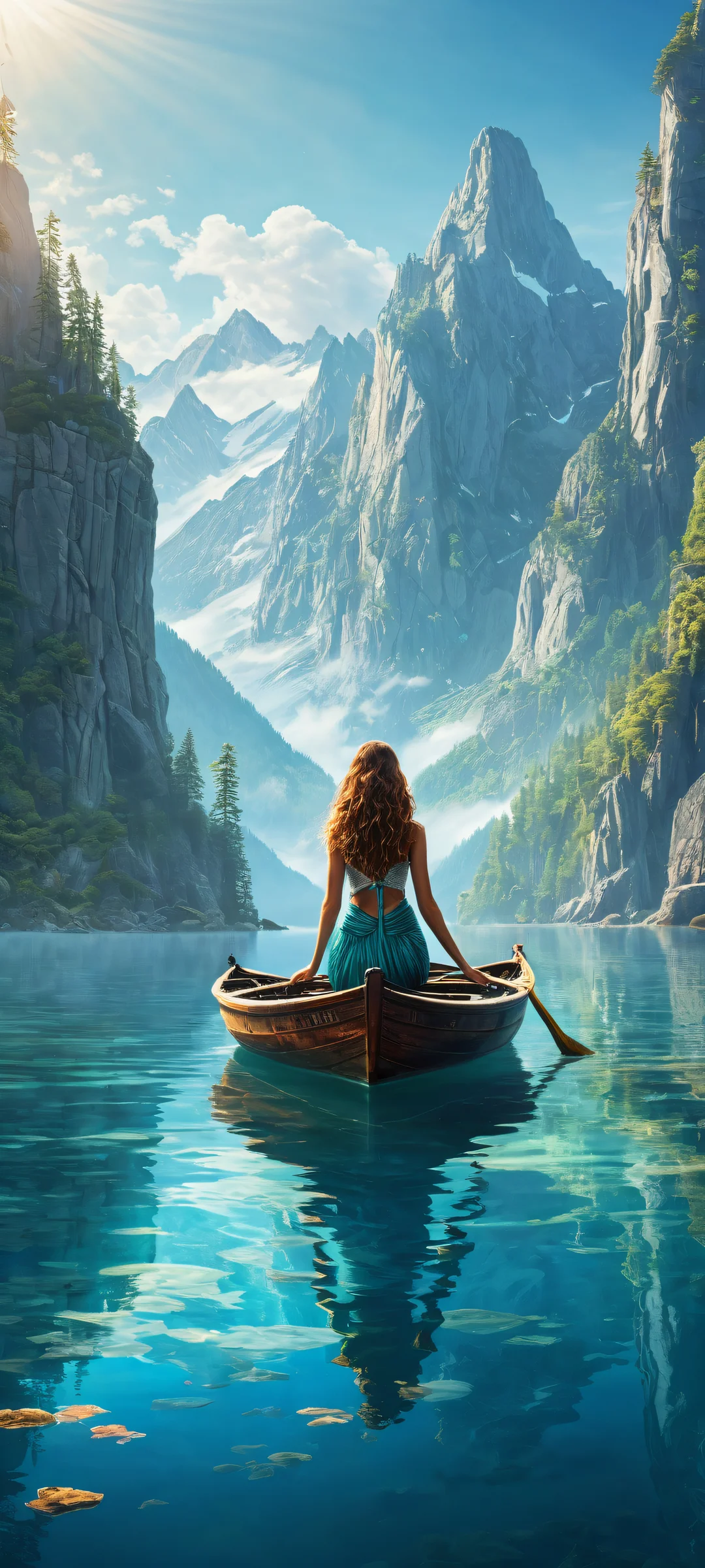 Breathtaking vertical portrait of mermaids surrounded by shipwreck treasures and majestic mountains rising from a fog-shrouded lake, perfectly optimized for iPhone/Android home screens.