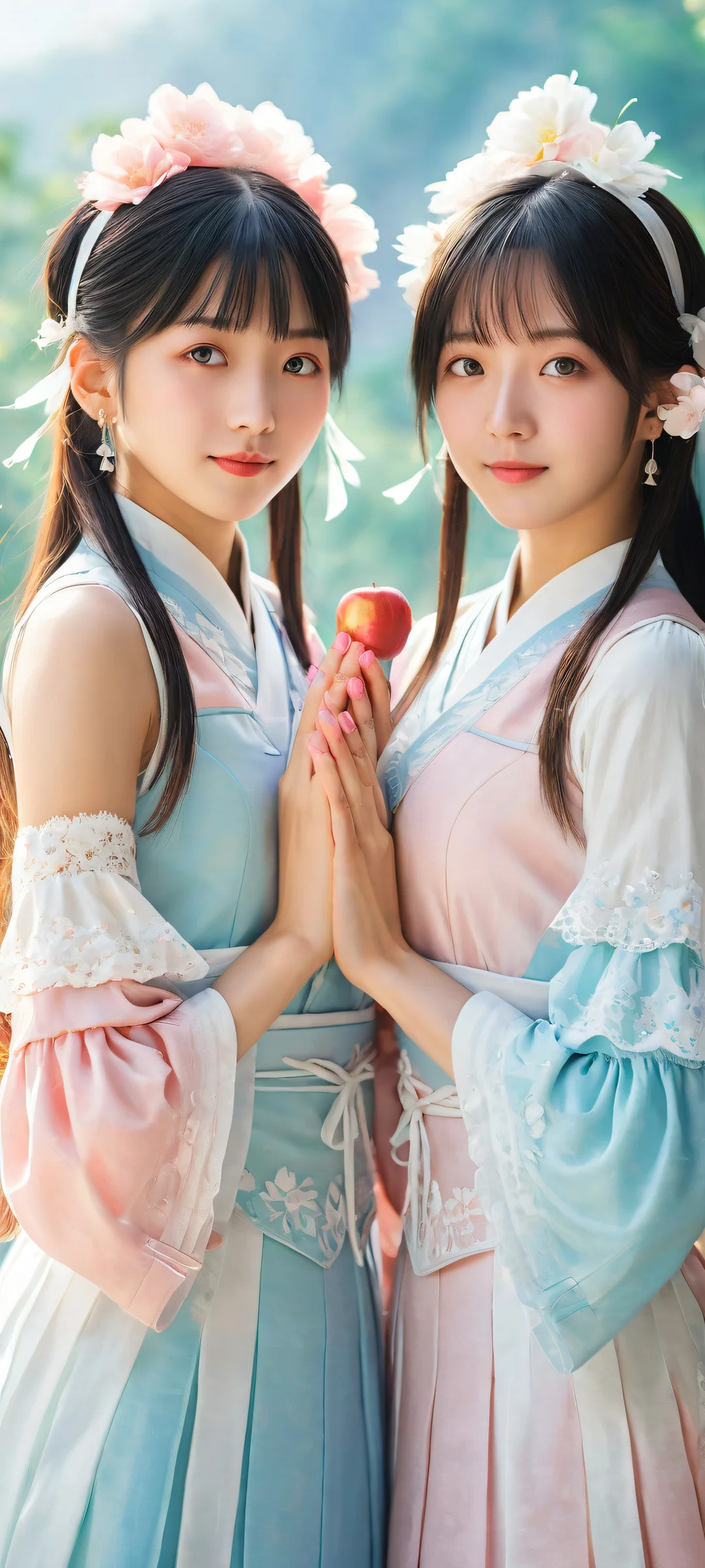 Heartwarming moment of the Nakano sisters (Ichika, Itsuki, Miku, Nino, and Yotsuba) with intricate 4-finger heart hands on iPhone/Android phone screens.