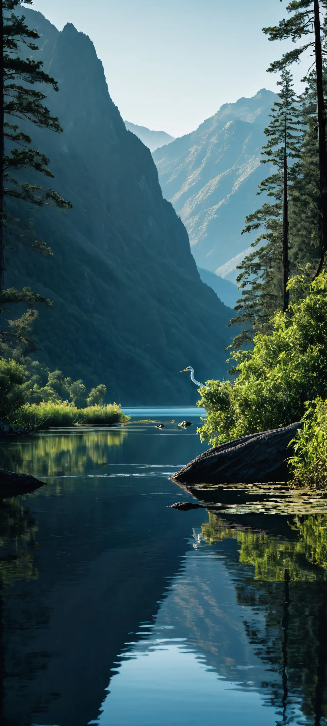 A majestic bird perched amidst wetland foliage on an iPhone or Android phone, with a stunning pure void and seamless blend of mountains and sky.