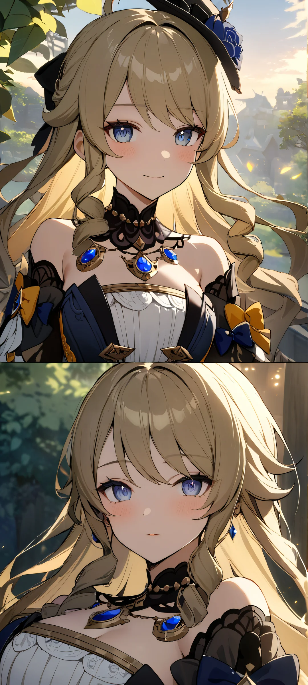 A stunning portrait of Navia from Genshin Impact looking directly at the viewer on an iPhone or Android device, surrounded by lush trees and a vibrant sky.