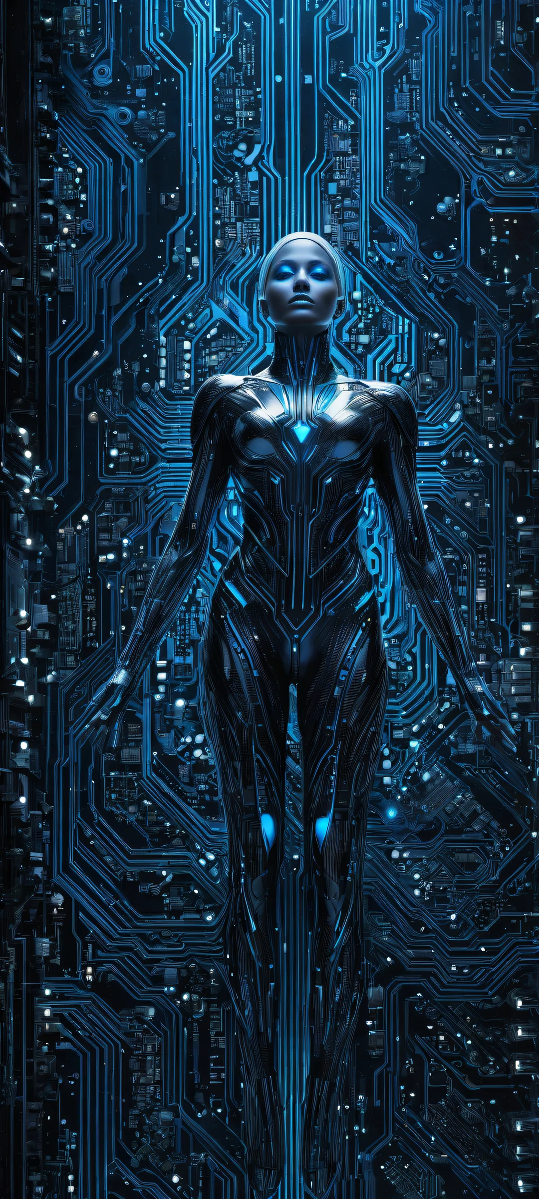 iPhone/Android stunning visual of glowing circuit boards on a dark background with #00BFFF (Nebula Blue) and #66CCCC (Futuristic Silver) accents.