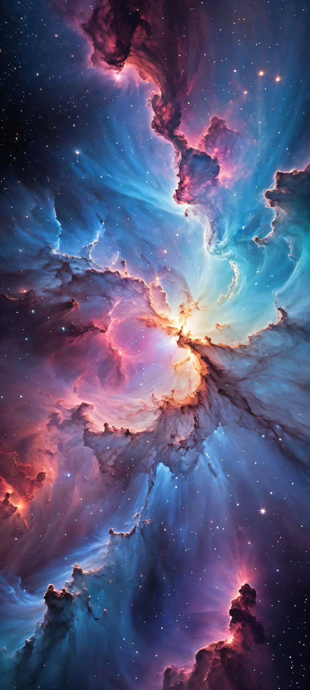 Ethereal Nebula Portrait 2K Mobile Background iPhone/Android wallpaper featuring a stunning nebula landscape with a voidy upper section and a starry expanse, showcasing intricate micro-details of swirling gas and dust.