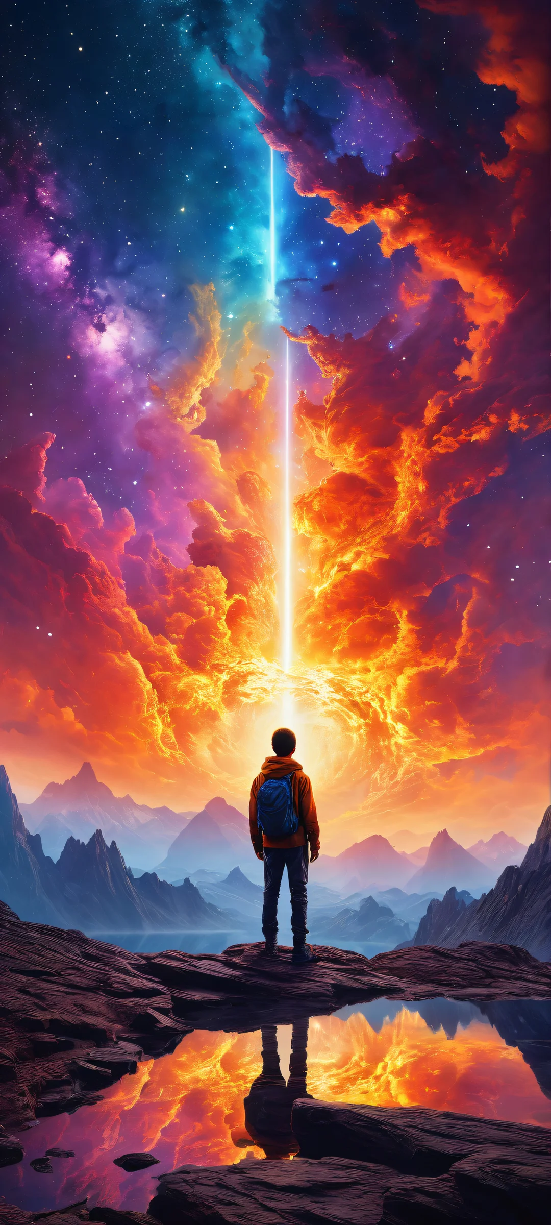 A stunning digital artwork featuring a lone boy standing amidst the vibrant colors and textures of a vast nebula, perfectly optimized for iPhone and Android home screens.