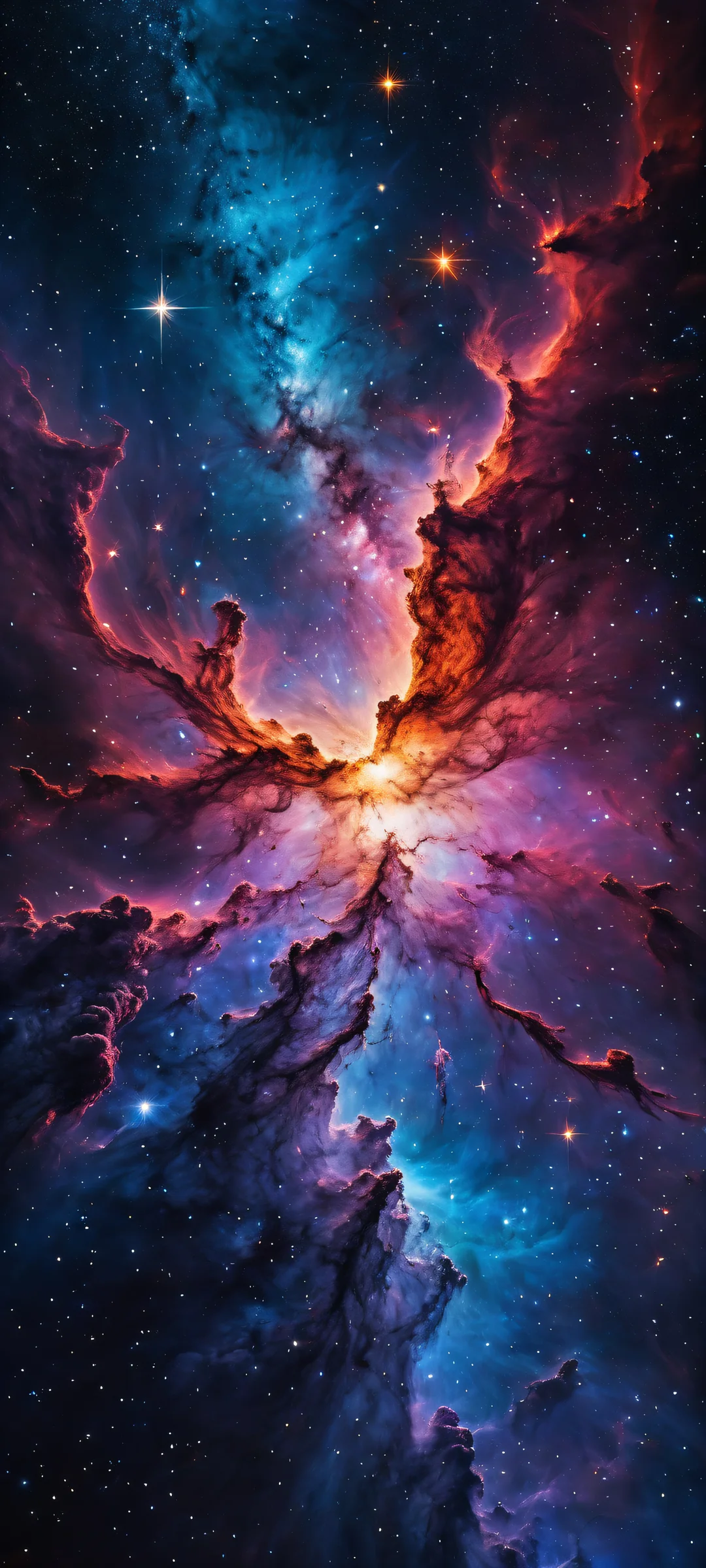 iPhone and Android users will be mesmerized by this stunning portrait artwork of nebulae, showcasing intricate star formation and celestial mechanics, perfectly optimized for their home screens.