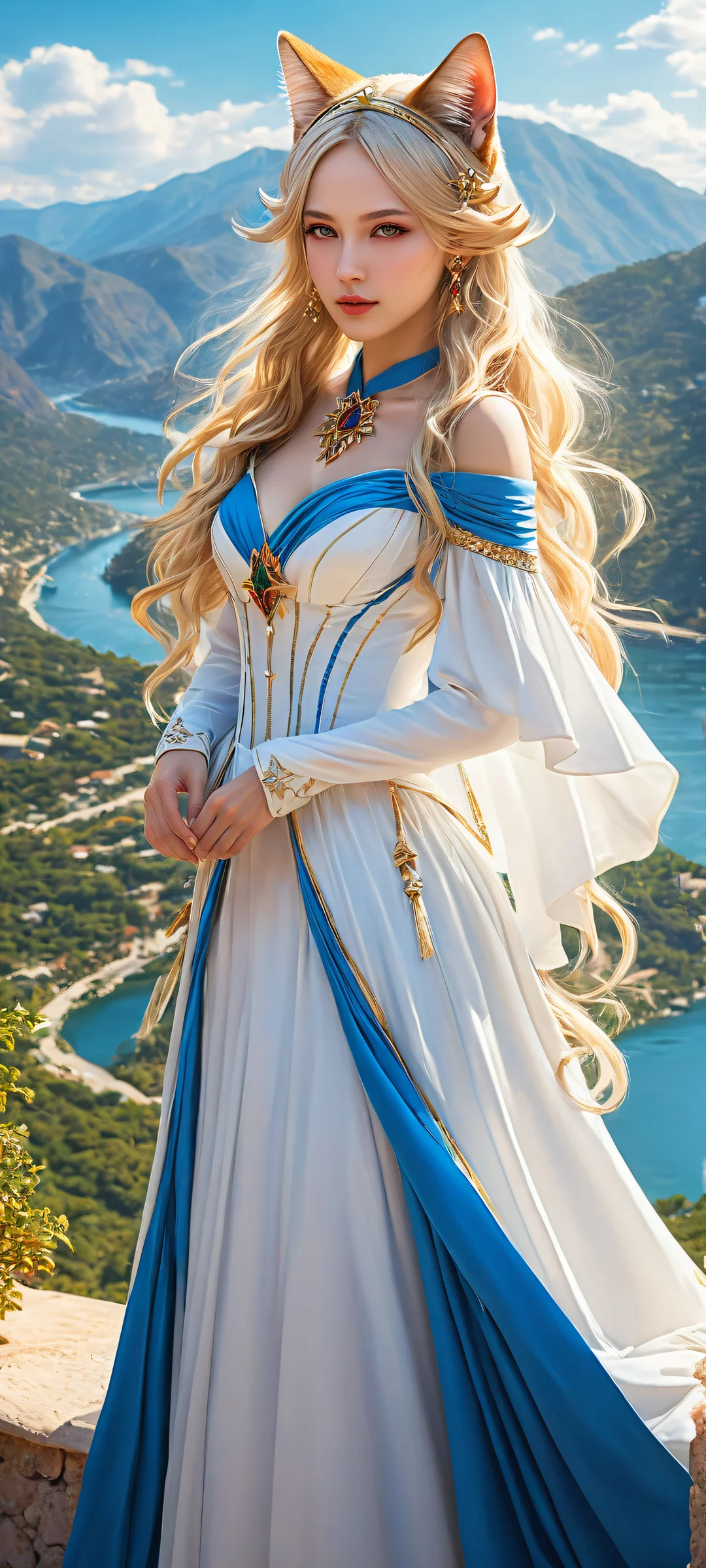 A majestic Neco Arc girl surrounded by a serene landscape on an iPhone/Android wallpaper, with intricate micro-details and radiant lighting.