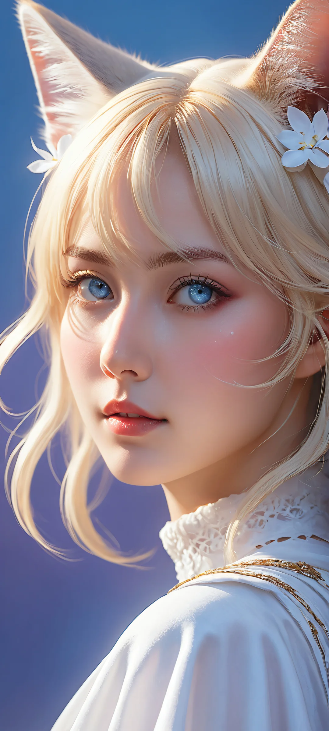 A beautiful portrait of Neco Arc on an iPhone or Android device, featuring intricate micro-details and ethereal lighting.