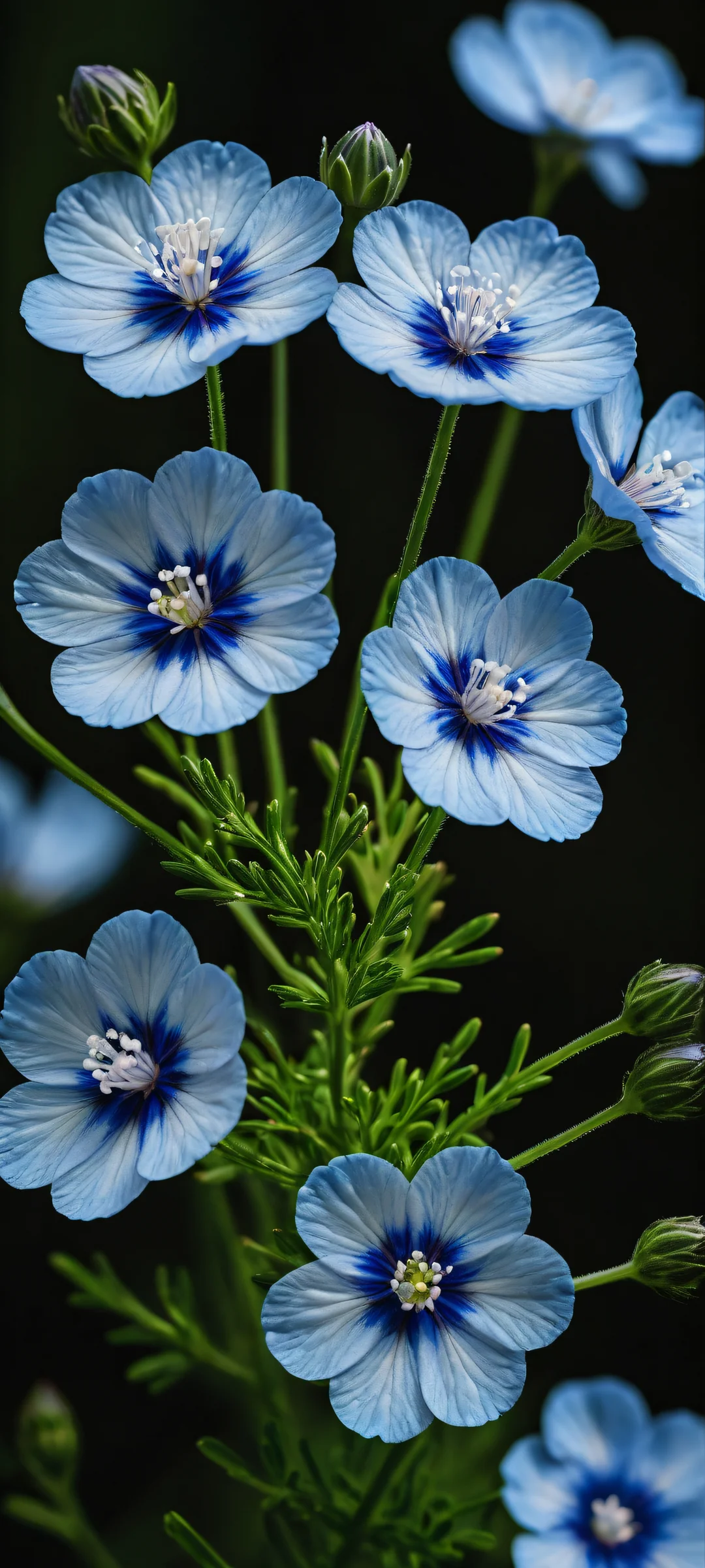 iPhone/Android stunning vertical portrait of Nemophila flowers with intricate micro-details and a vast pure void, perfect for home screens.
