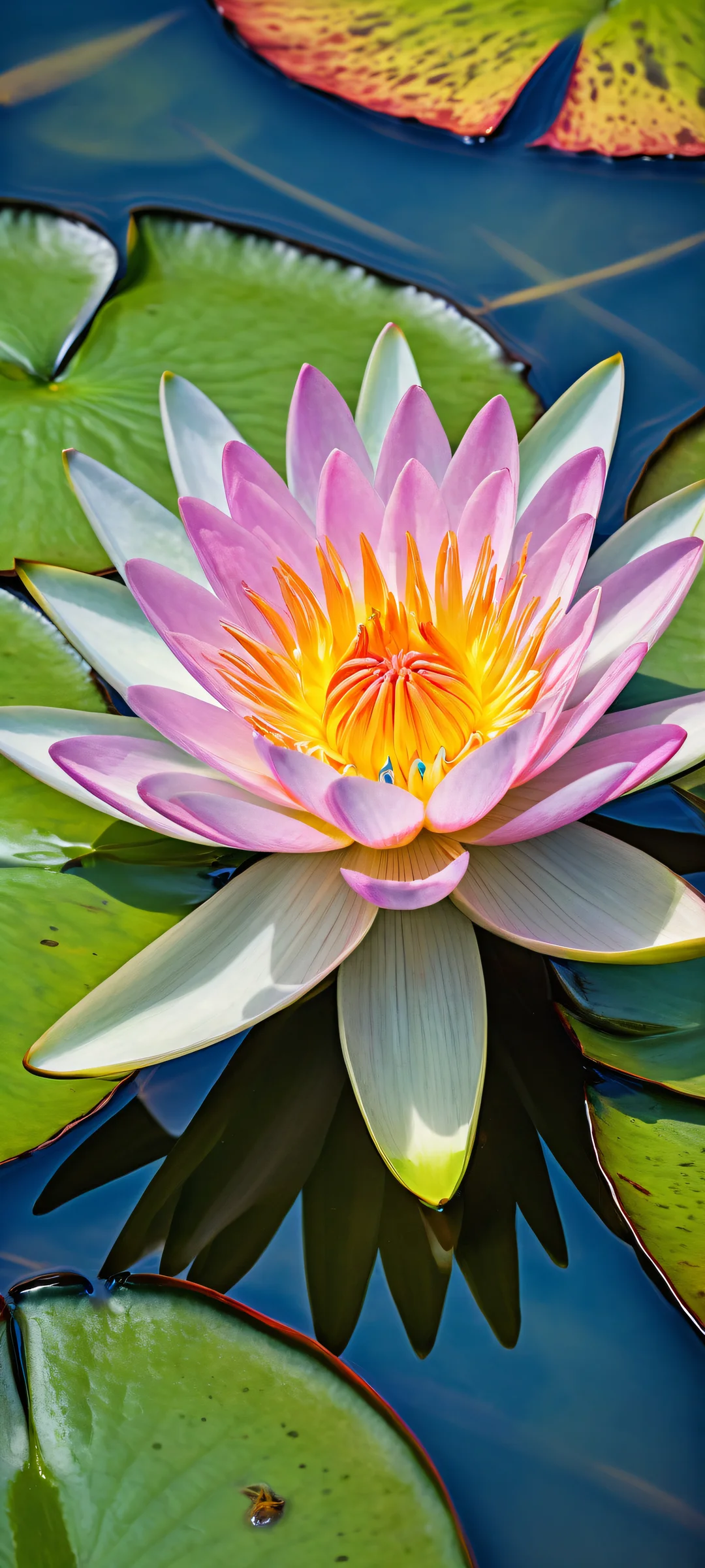 A majestic nenuphar plant with delicate carp swimming among its petals, perfectly optimized for iPhone and Android home screens.