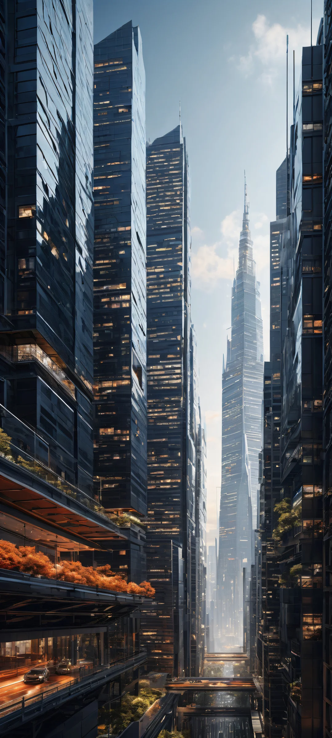 iPhone/Android wallpaper featuring a stunning neofuturistic cityscape with intricate details and a deep dark mode aesthetic.