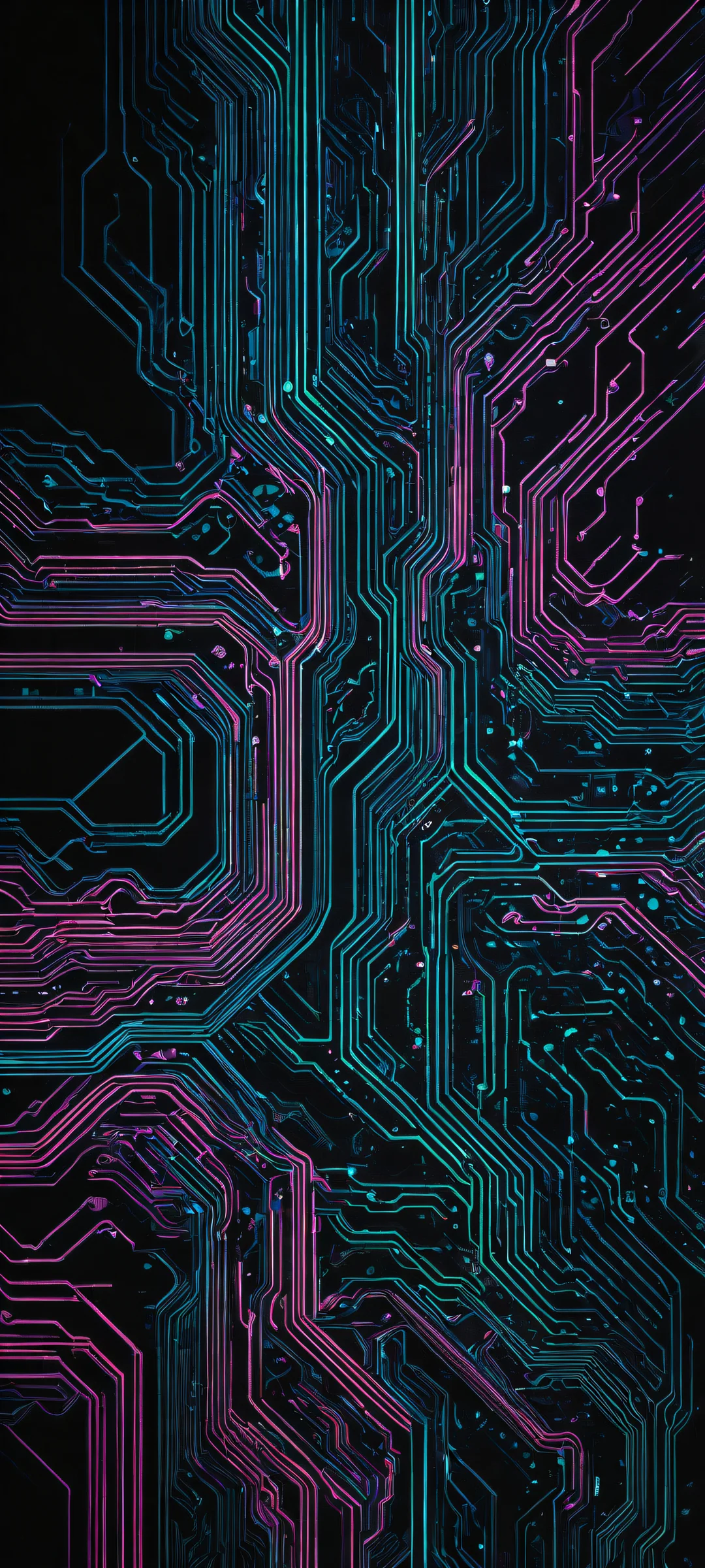 Breathtaking digital artwork of neon circuitry on iPhone/Android, with deep purples and blues contrasting with luminescent accents and perfect blacks.