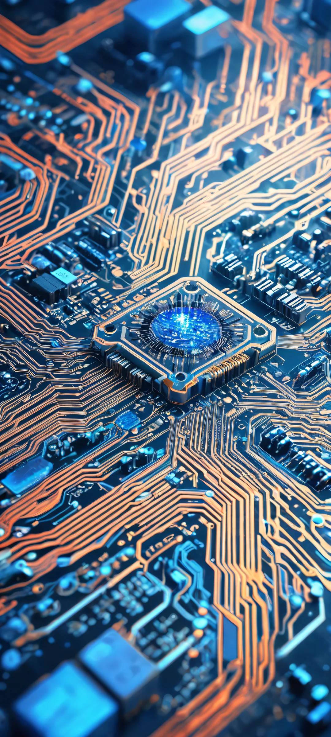 iPhone and Android users, behold! A stunning futuristic circuit board artwork with intricate micro-details, perfectly optimized for your home screen.