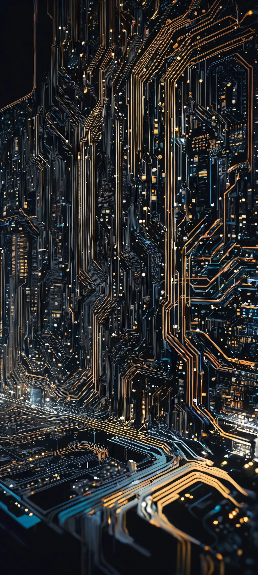 iPhone/Android users will love this breathtaking portrait artwork of neon-lit circuit boards against a darkened cityscape, perfect for home screens.