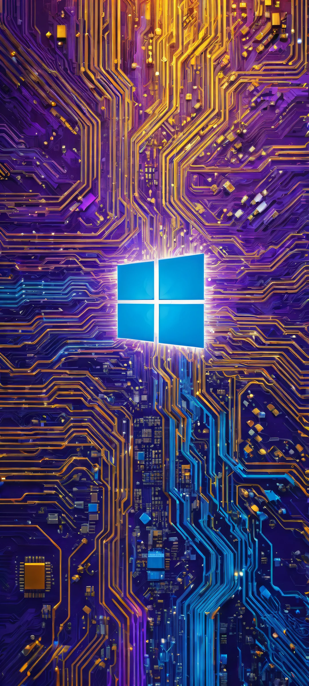 iPhone/Android compatible digital art featuring a stunning portrait of the Microsoft Windows logo amidst intricate circuit board details and a blurred oceanic background.