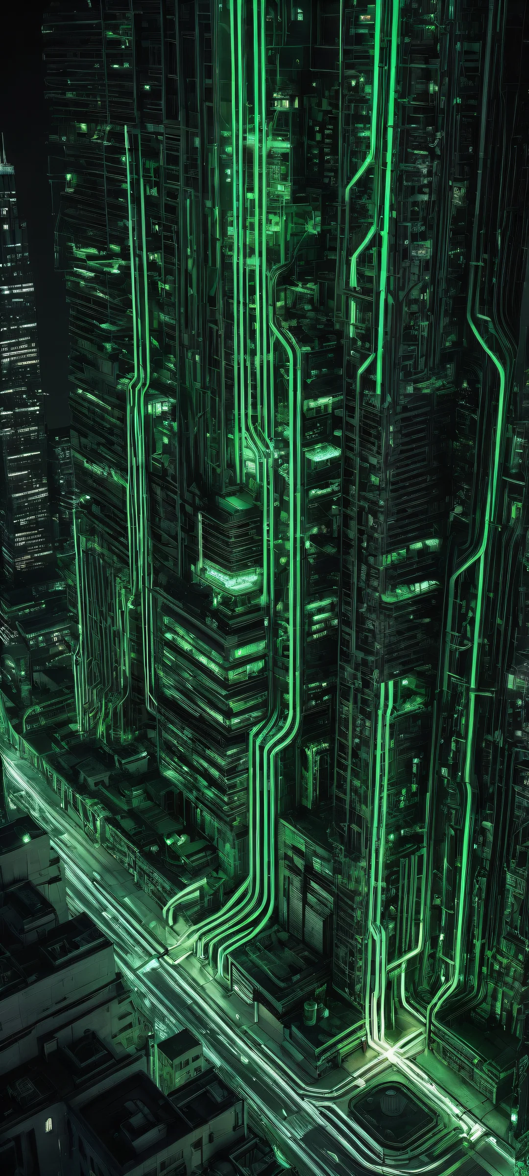 Explore the futuristic cityscape on your iPhone or Android device with this stunning wallpaper featuring neon-laced circuitry and gritty urban landscape.