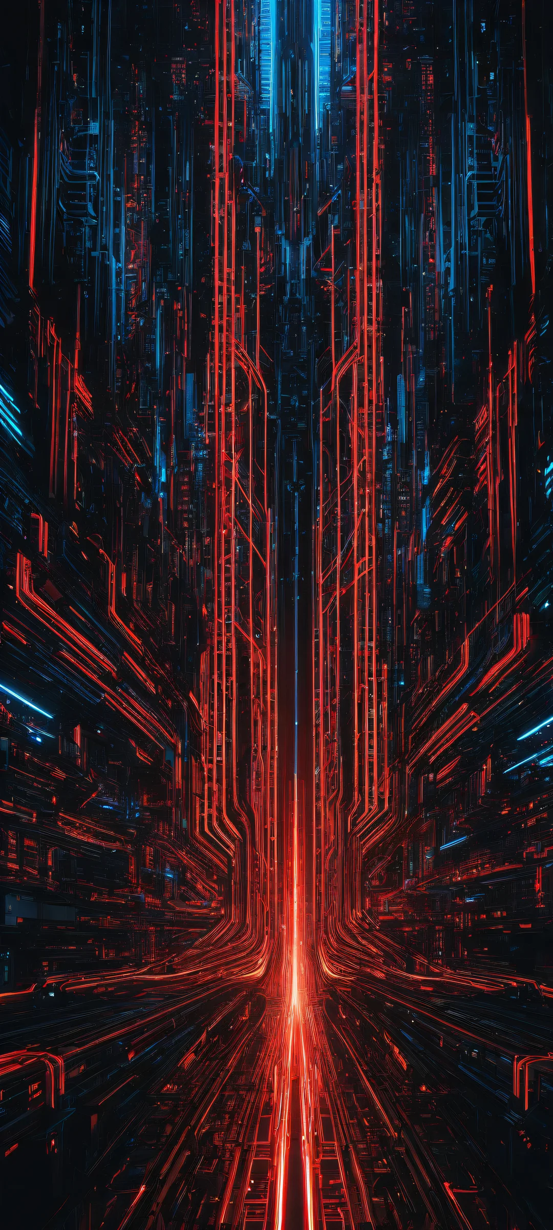 Breathtaking vertical portrait of neon circuitry on a dark background, iPhone/Androidのホーム画面に最適.