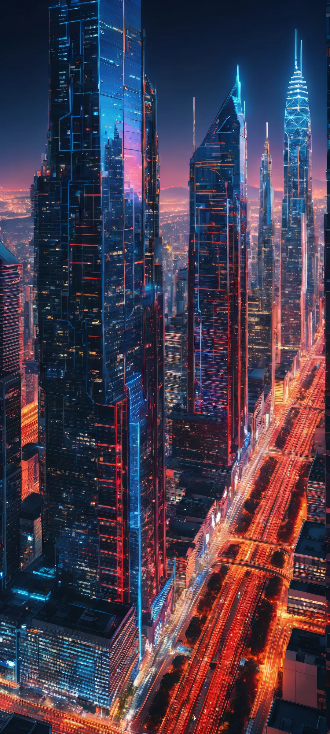 Neon Cityscape Dreamscape Lock Screen for iOS & アンドロイド Ethereal cityscape with neon-lit skyscrapers on iPhone/Android home screen