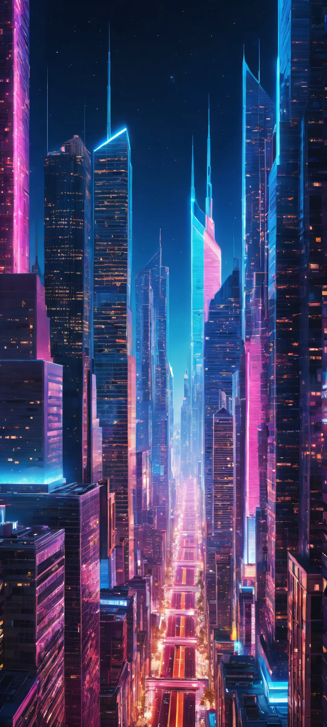 iPhone/Android wallpaper featuring an award-winning digital art of a breathtaking neon cityscape with intricate micro-details and ethereal lighting, perfect for your mobile home screen.