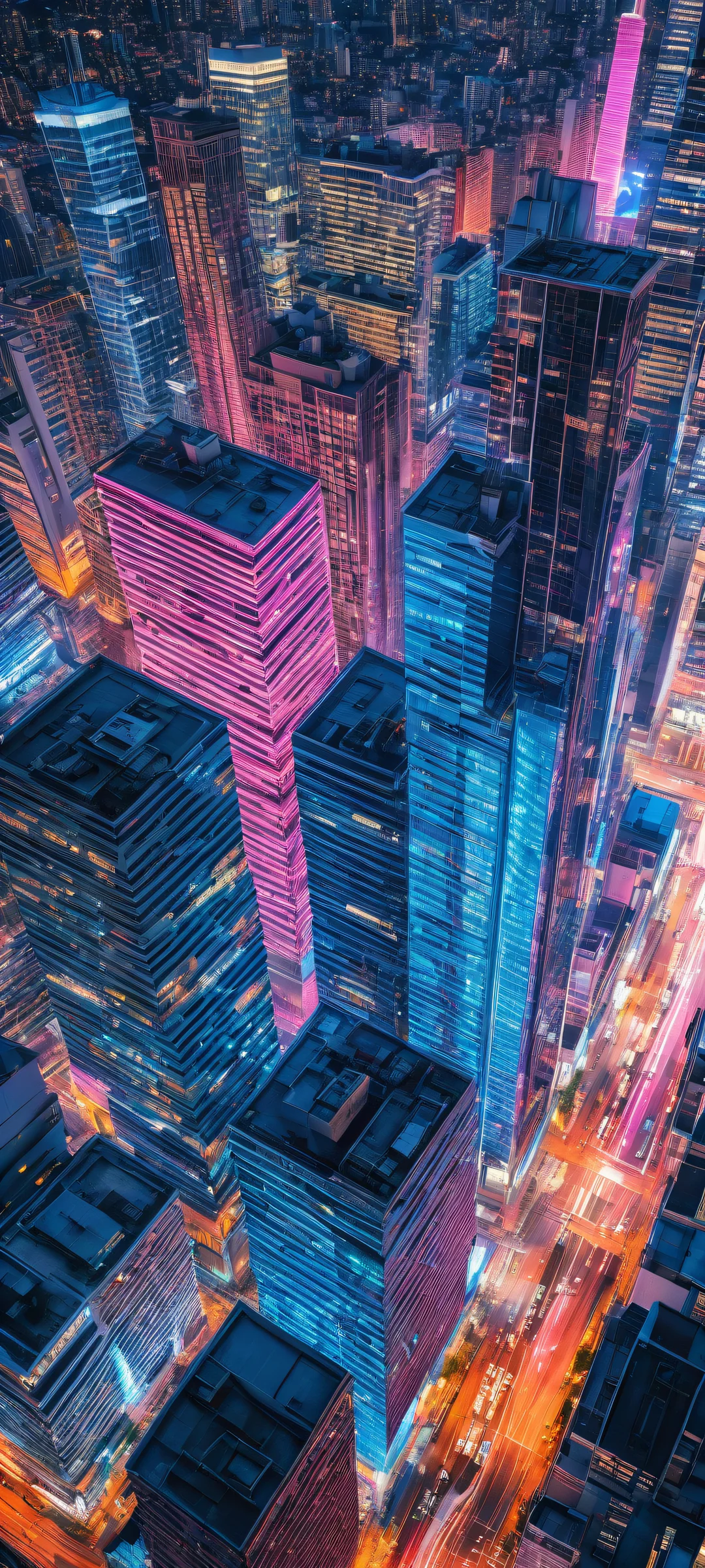 iPhone/Android ready cityscape artwork with neon lights and hovering drones. Perfect for your mobile home screen.