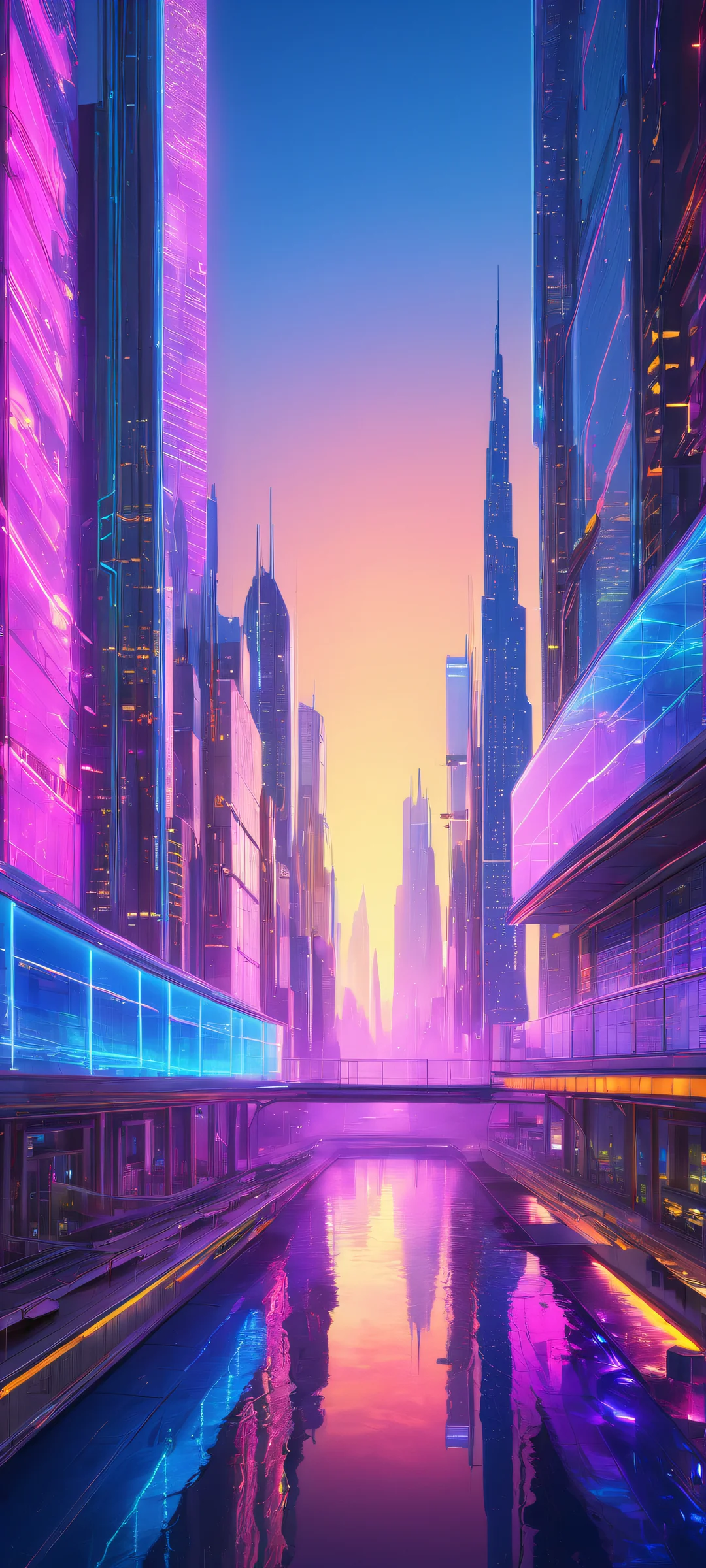 iPhone/Android wallpaper featuring a futuristic cityscape with neon lights and towering skyscrapers. Perfect for your phone's home screen.