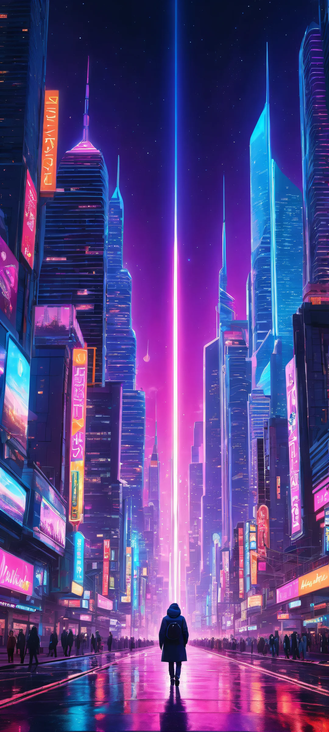 A breathtaking vertical portrait of a neon cityscape with intricate micro-details on iPhone/Android devices, perfect for home screens.