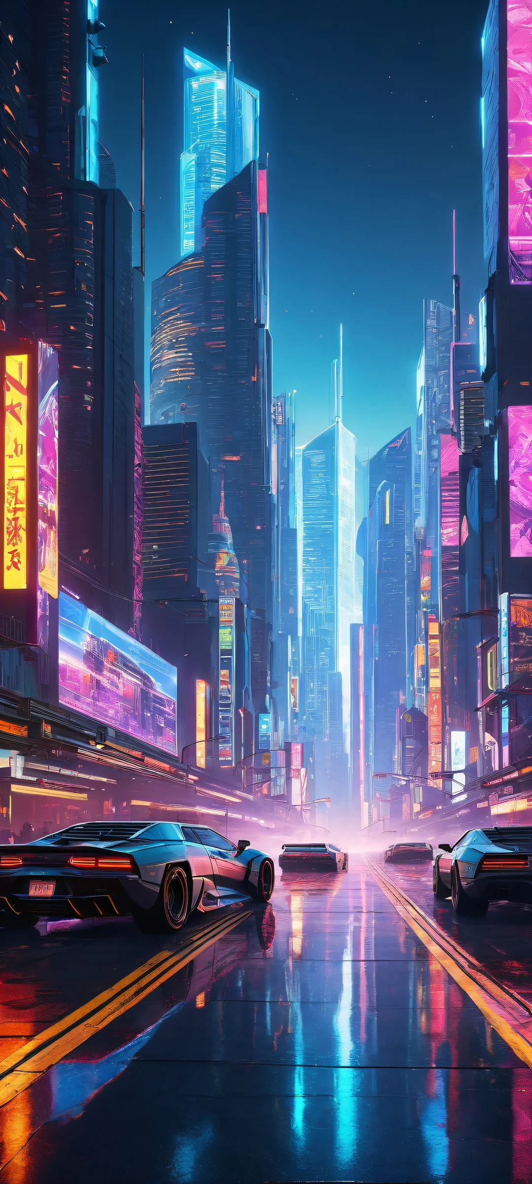 iPhone/Android users, behold this stunning vertical portrait artwork featuring holographic advertisements amidst a futuristic cityscape at night. Radiant neon lights and towering skyscrapers come alive with ray-traced reflections off metallic surfaces.