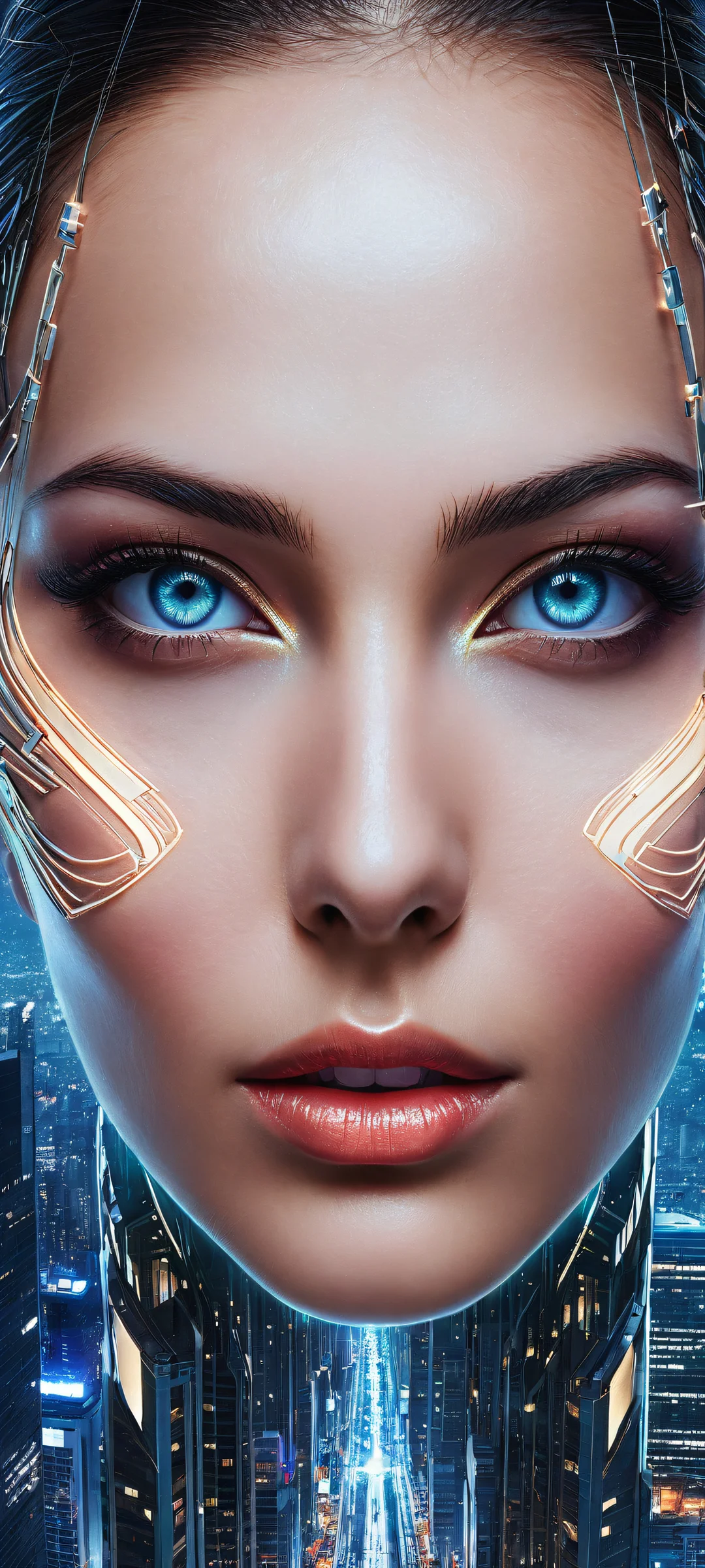 Breathtaking portrait of neon-lit cybernetic eyes on iPhone/Android, with intricate micro-details and ethereal LED glow.