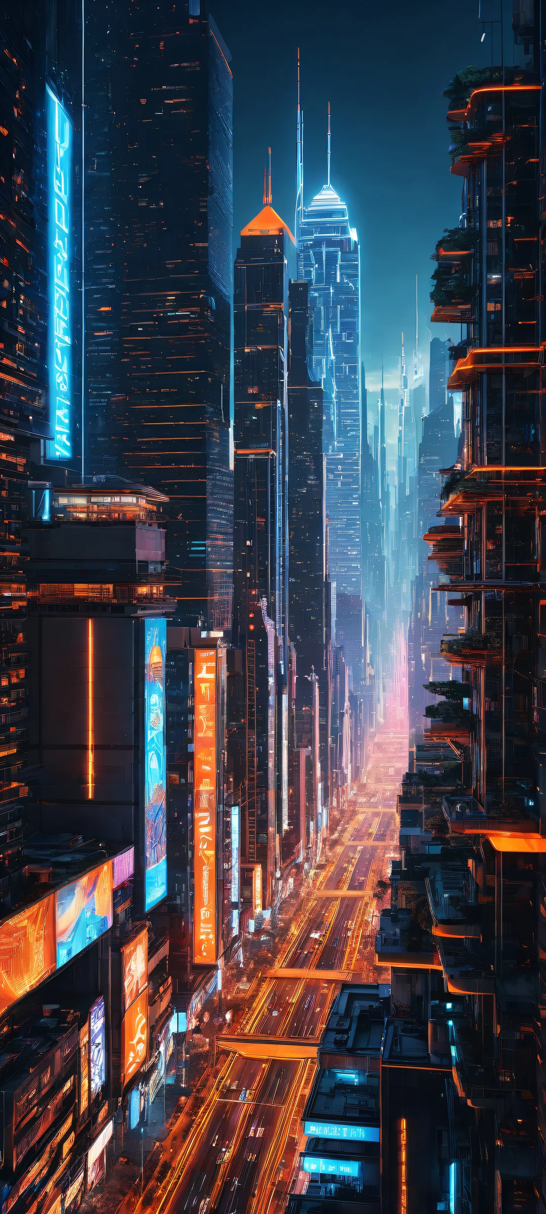iPhone/Android users, immerse yourself in this breathtaking cyberpunk artwork featuring neon-lit cybernetic enhancements against a vast, dark cityscape.